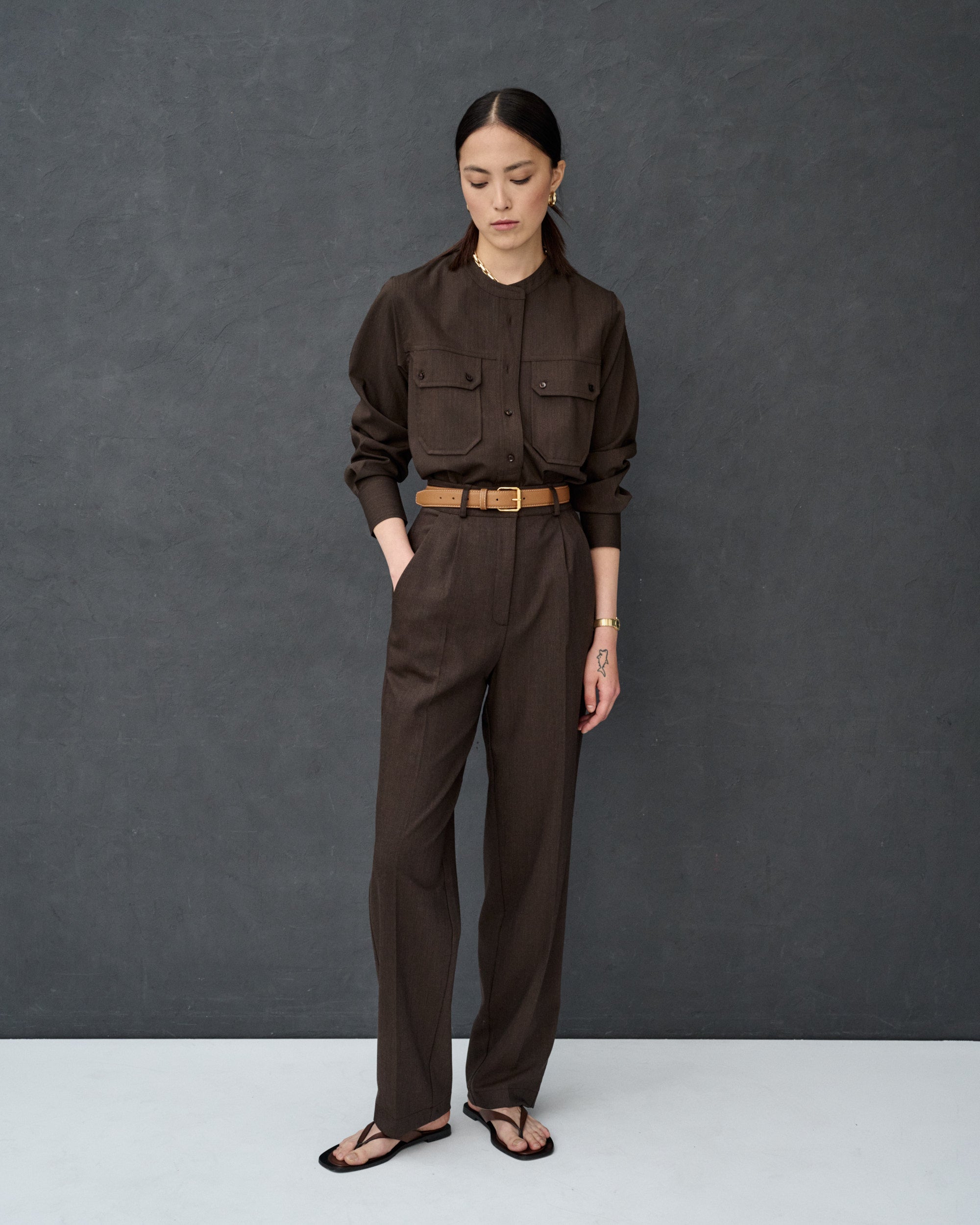 Charvey Brown Pleated Wide-leg Pants