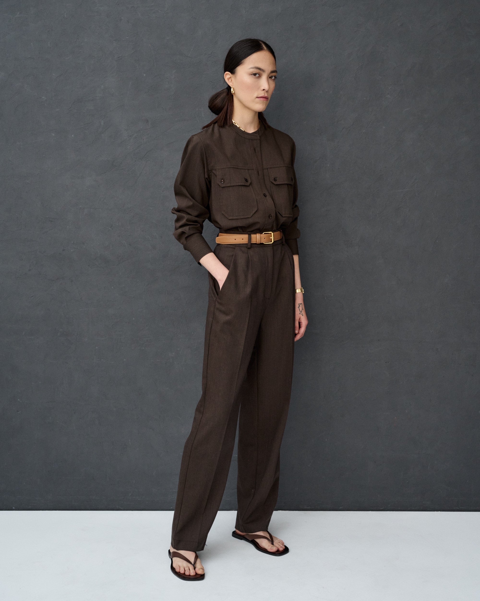 Charvey Brown Pleated Wide-leg Pants