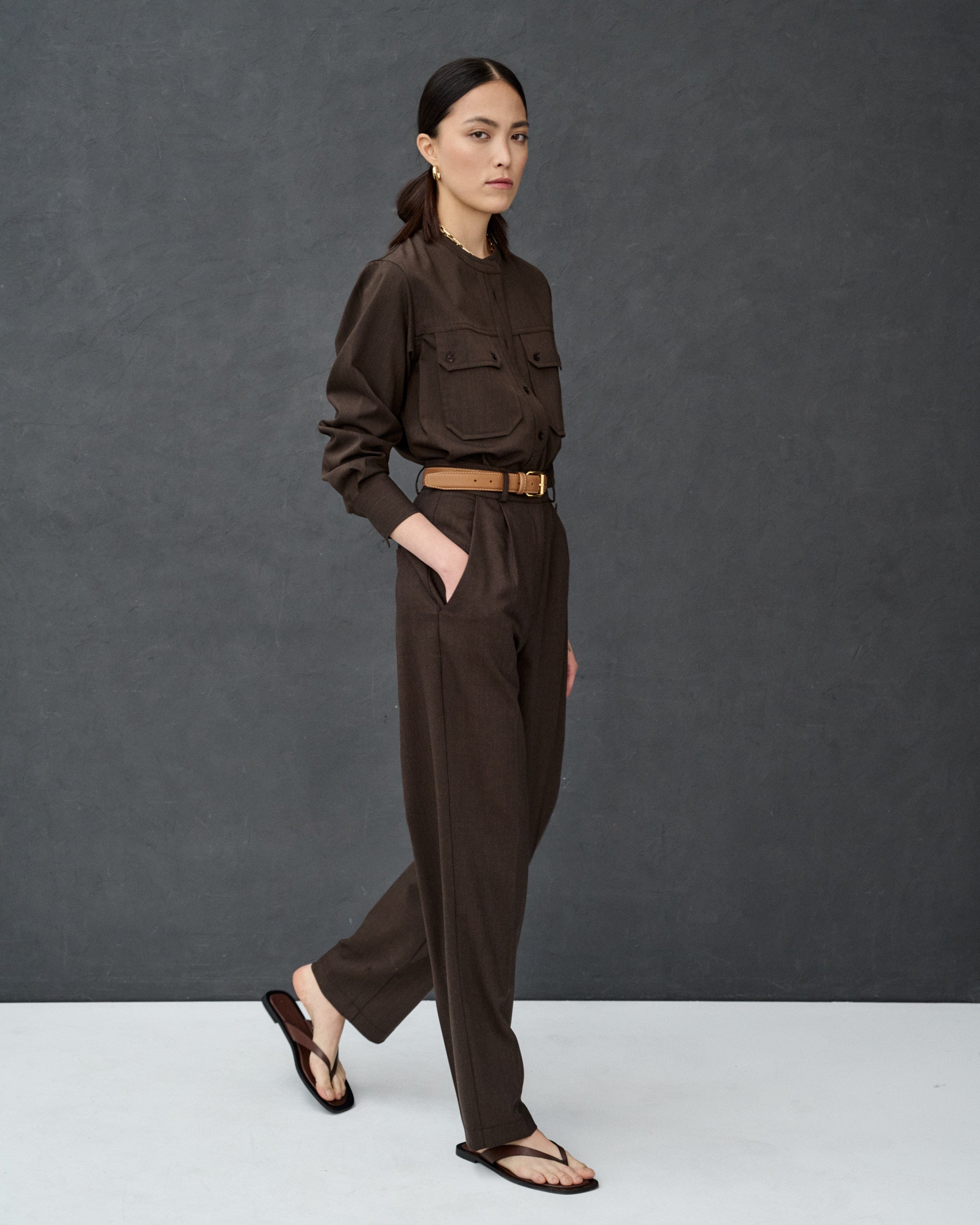 Charvey Brown Pleated Wide-leg Pants