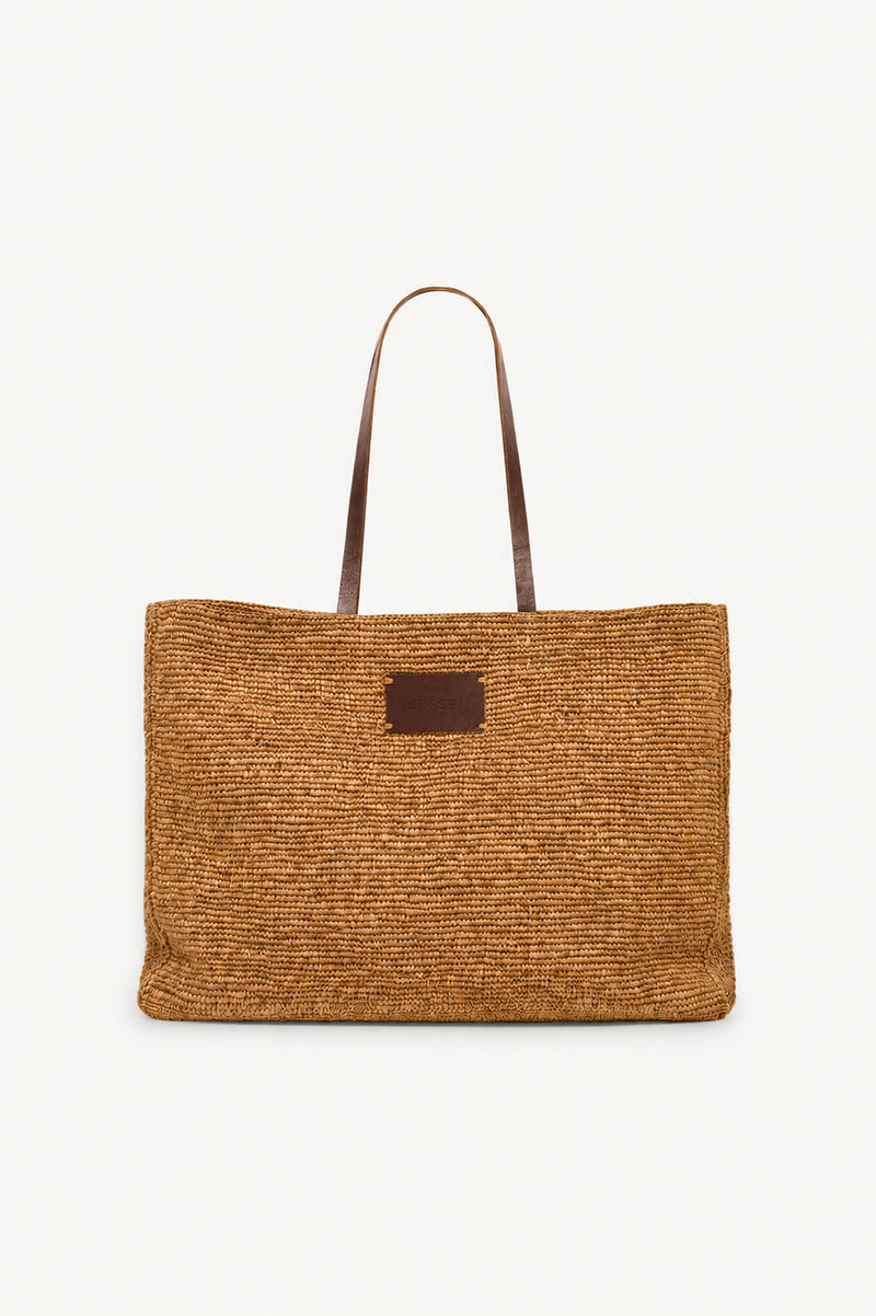 Sac cabas en raphia et cuir moka