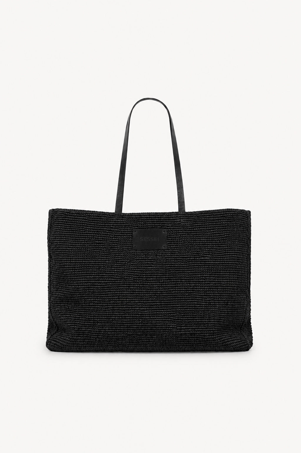 Sac cabas en raphia et cuir noir