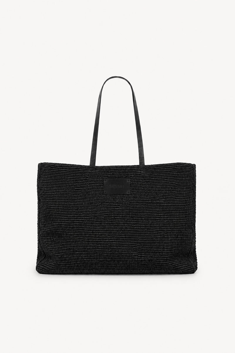 Sac cabas en raphia et cuir noir