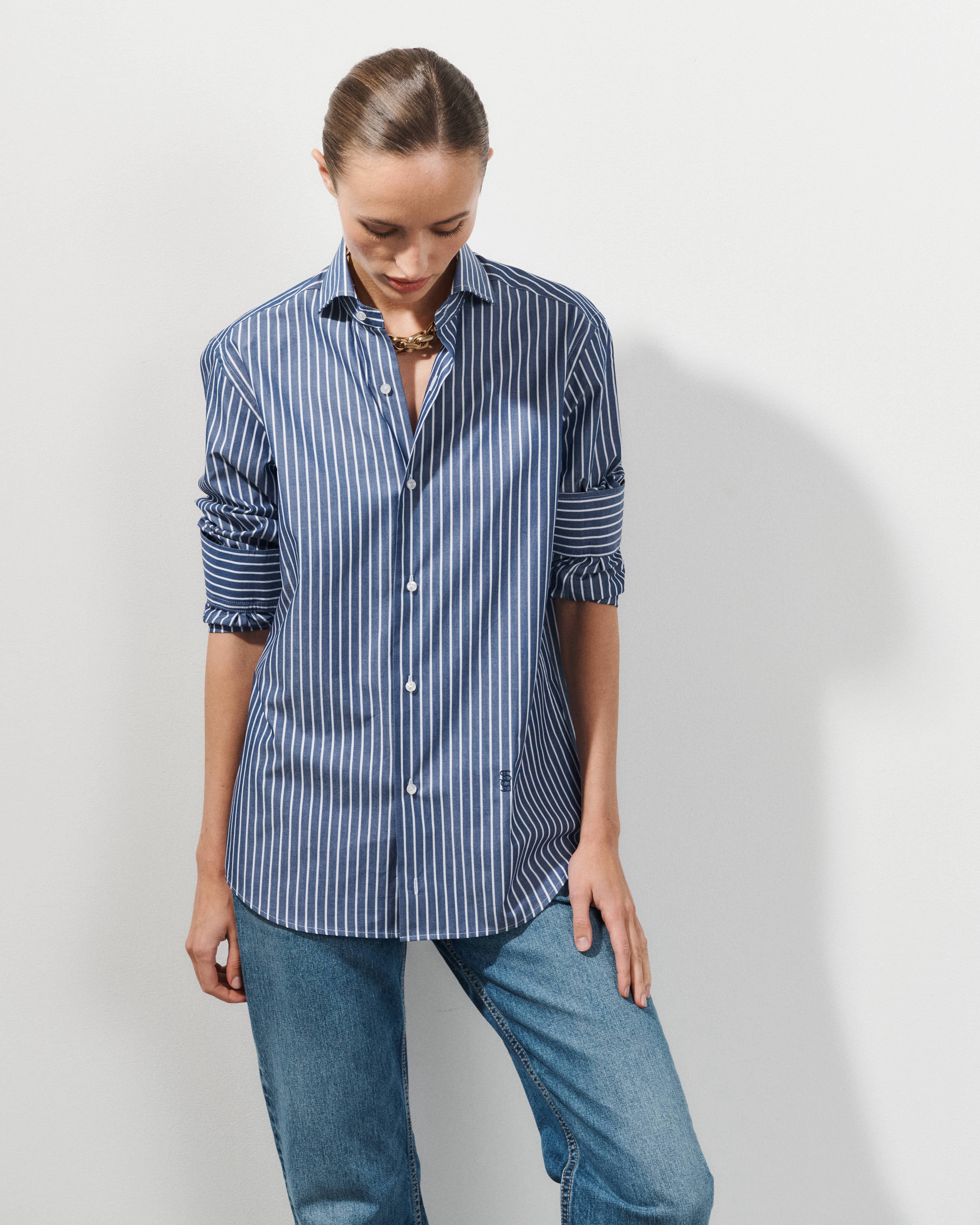  Chemise unisex en popeline de coton à rayure bleu marine Leo