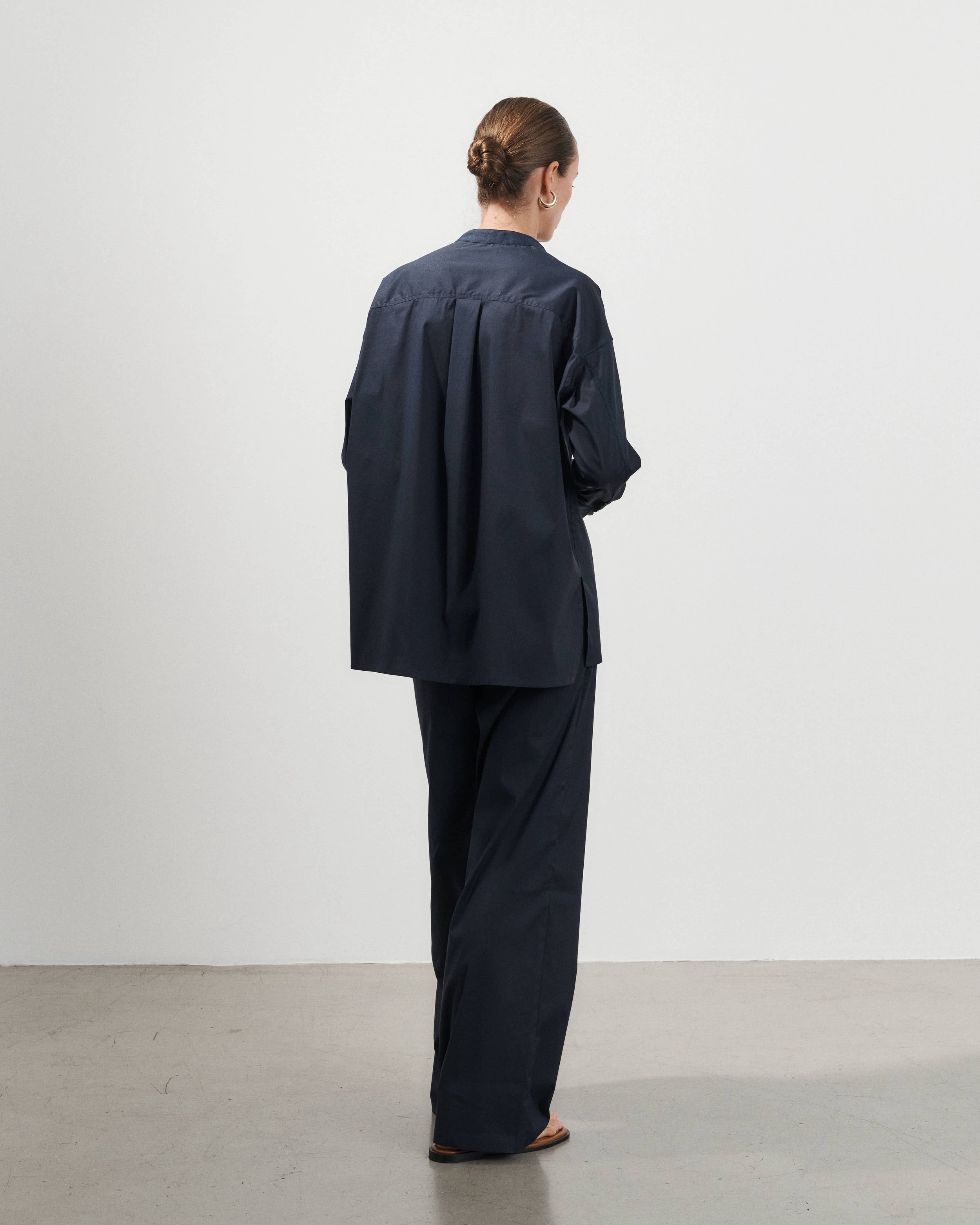 Bianca Navy Cotton Poplin Shirt with Textured Bib