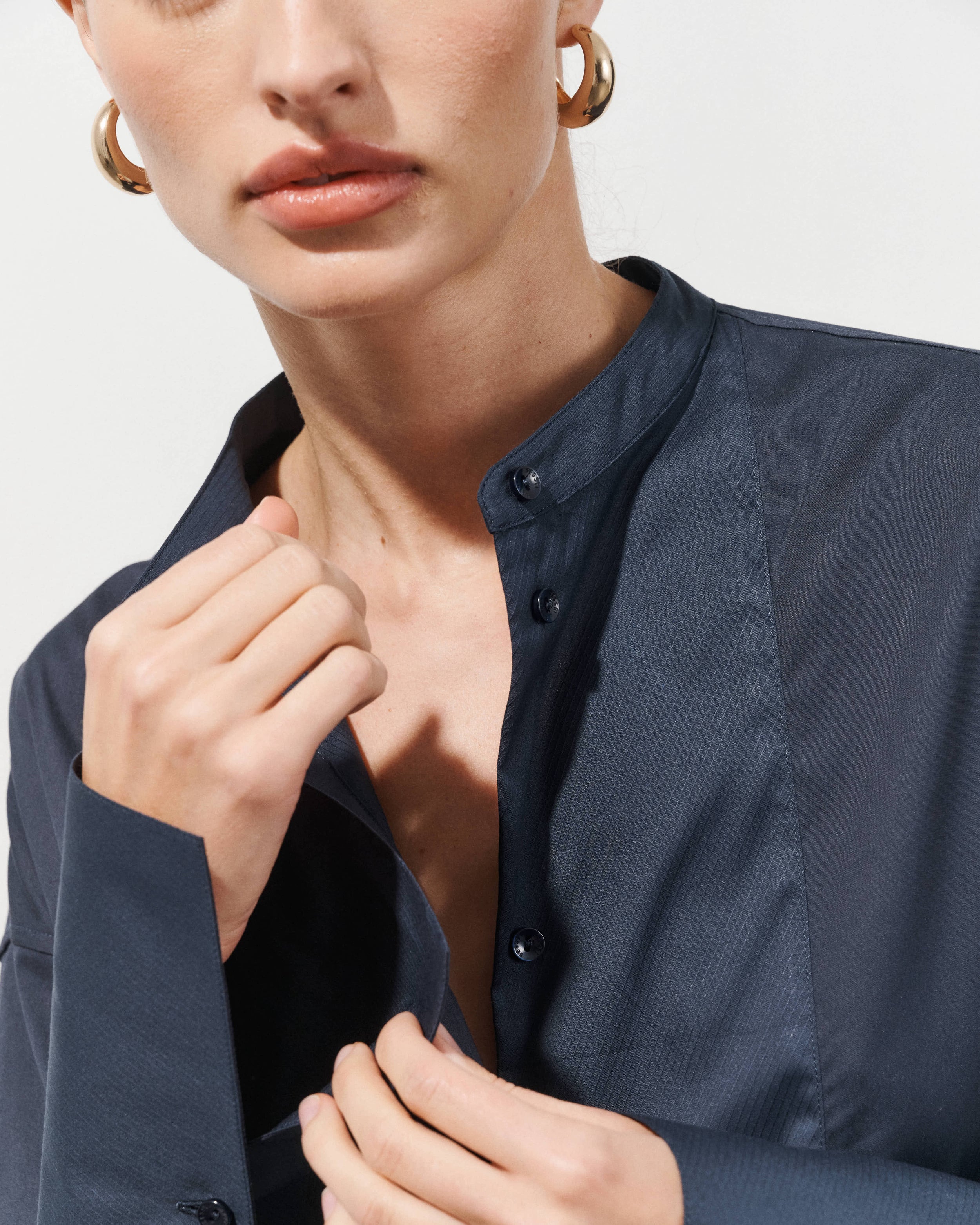 Bianca Navy Cotton Poplin Shirt with Textured Bib