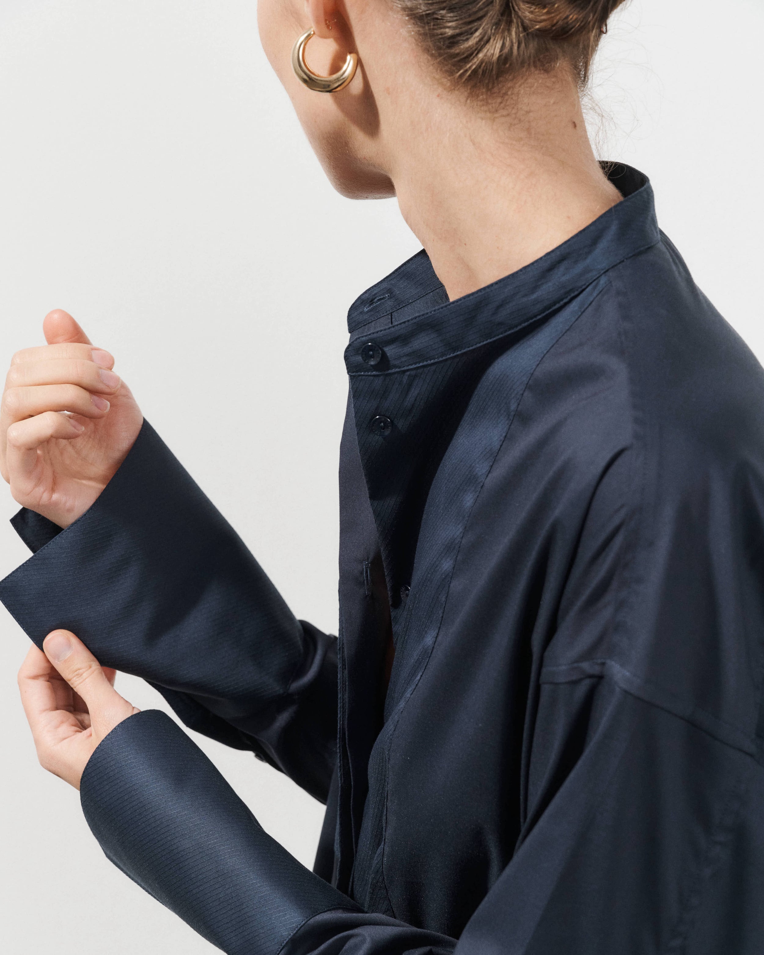 Bianca Navy Cotton Poplin Shirt with Textured Bib