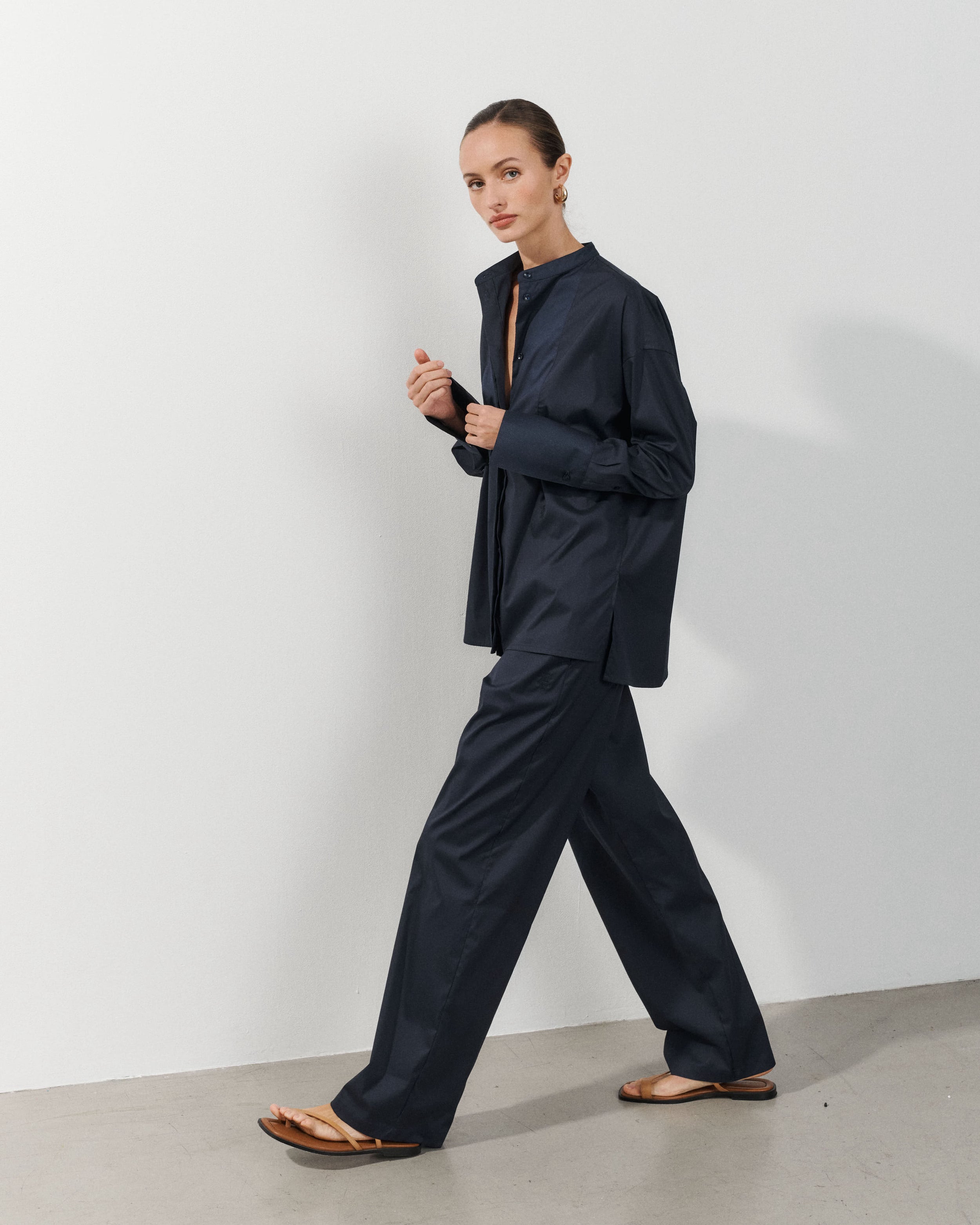 Bianca Navy Cotton Poplin Shirt with Textured Bib