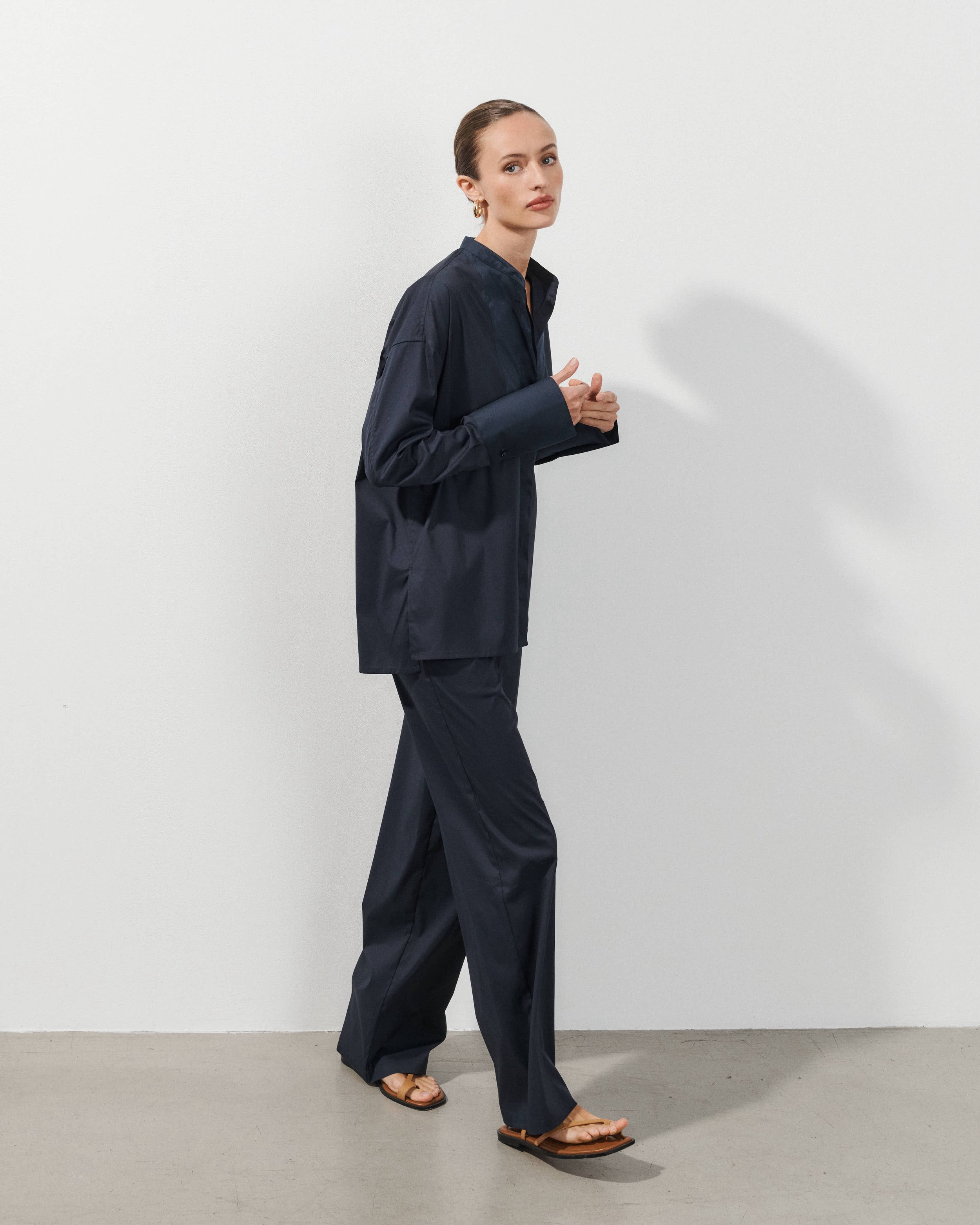 Bianca Navy Cotton Poplin Shirt with Textured Bib