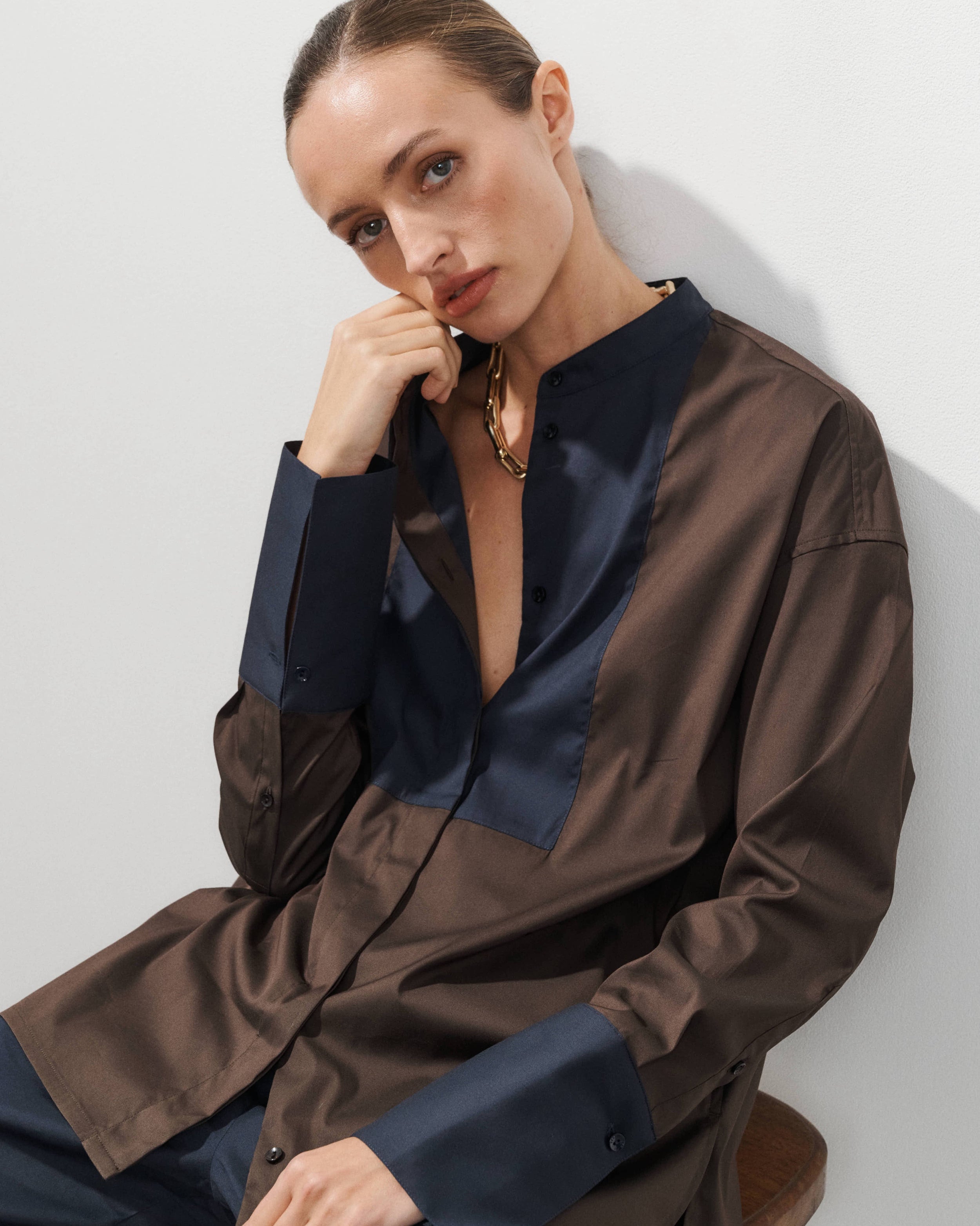 Bianca Brown Cotton Poplin Shirt with Textured Bib