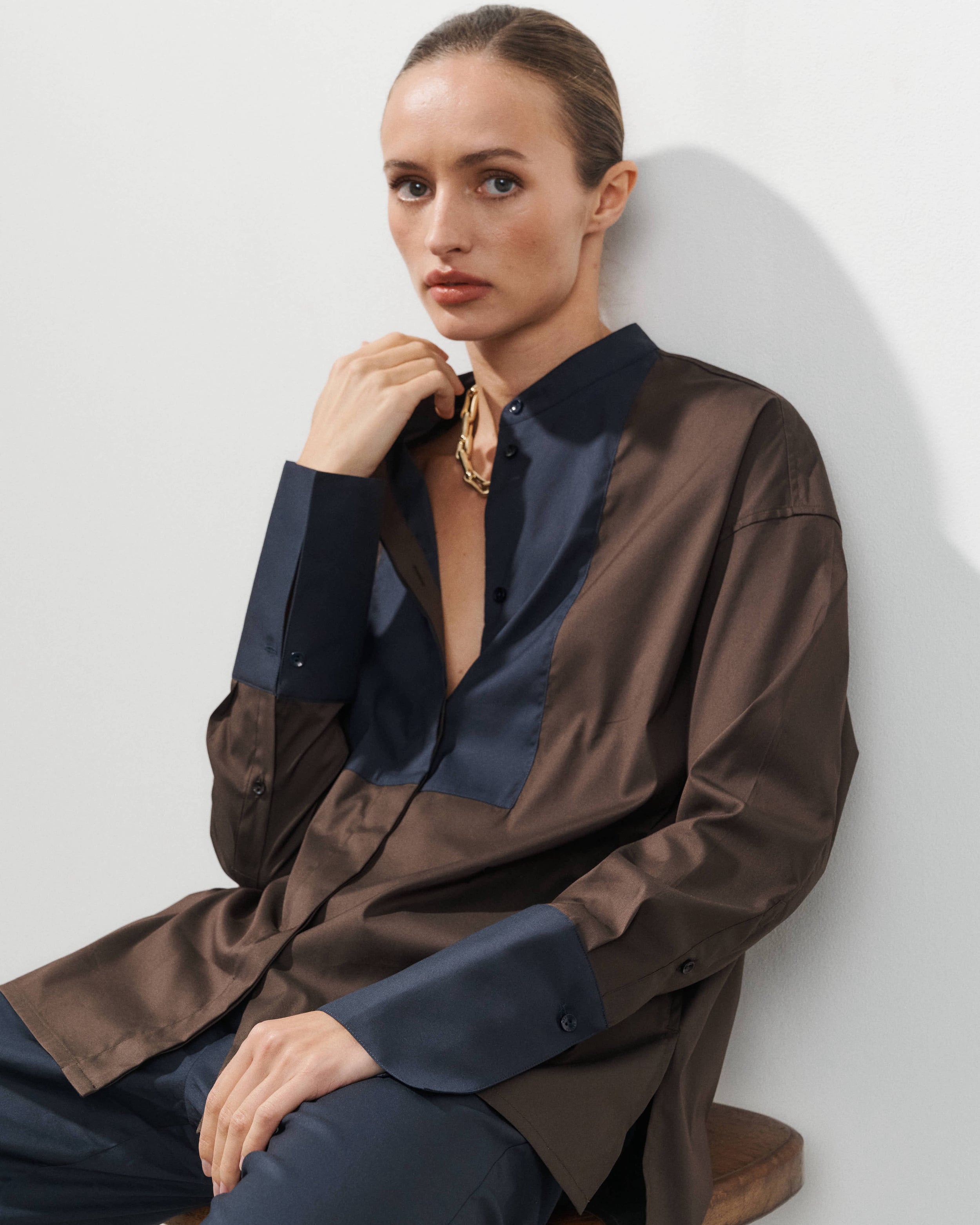 Bianca Brown Cotton Poplin Shirt with Textured Bib