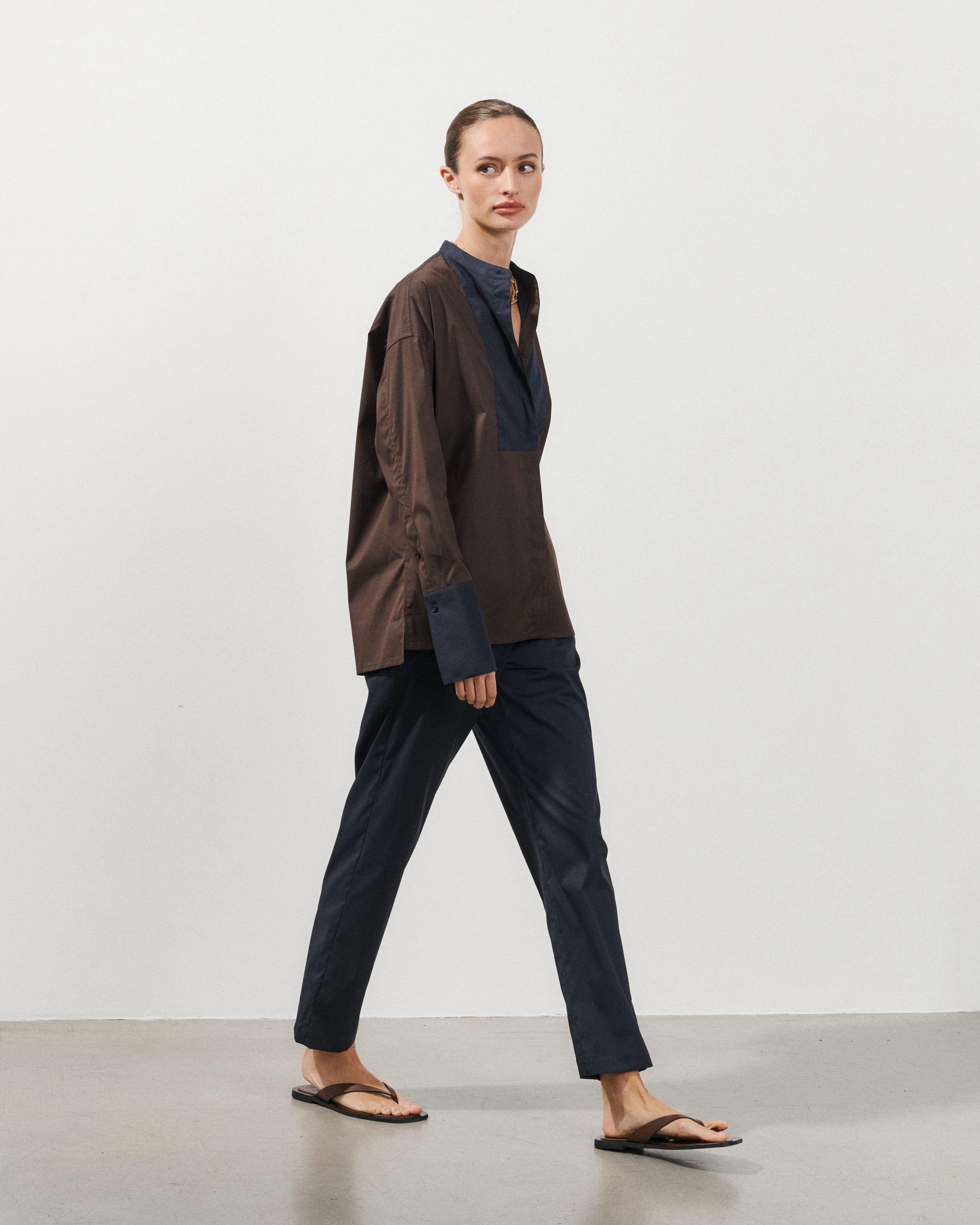 Bianca Brown Cotton Poplin Shirt with Textured Bib