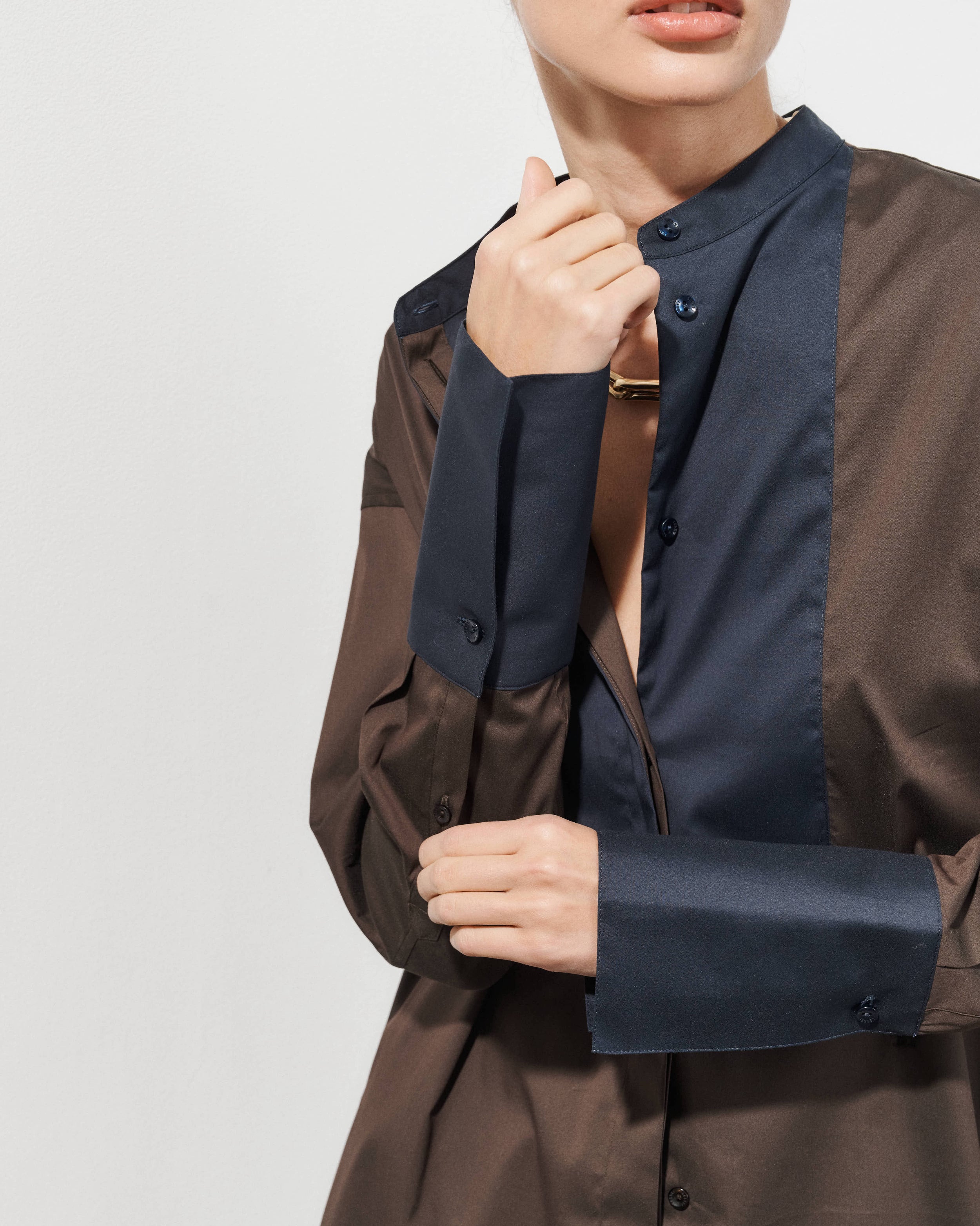 Bianca Brown Cotton Poplin Shirt with Textured Bib