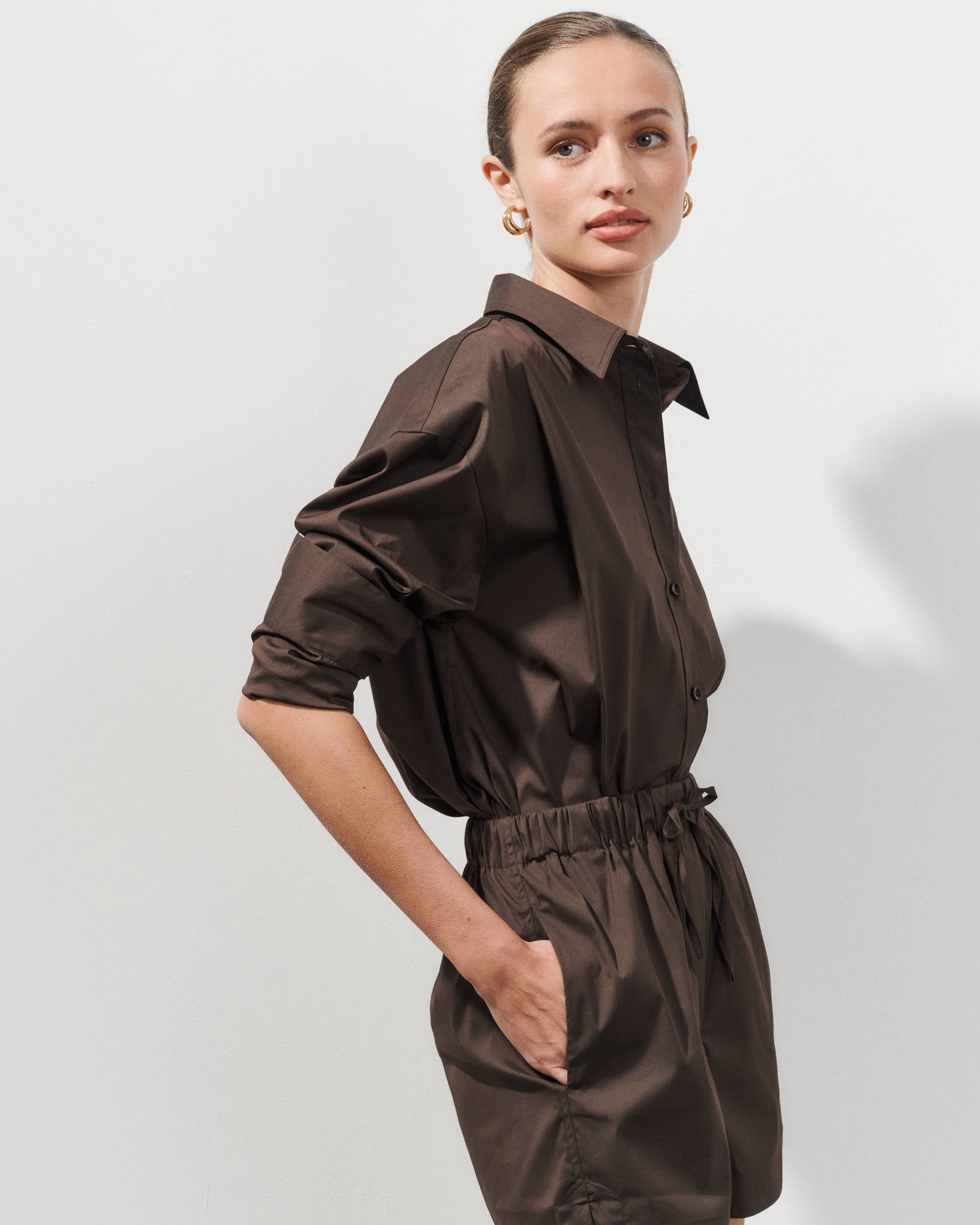 Kaia Brown Cotton Poplin Oversized Shirt