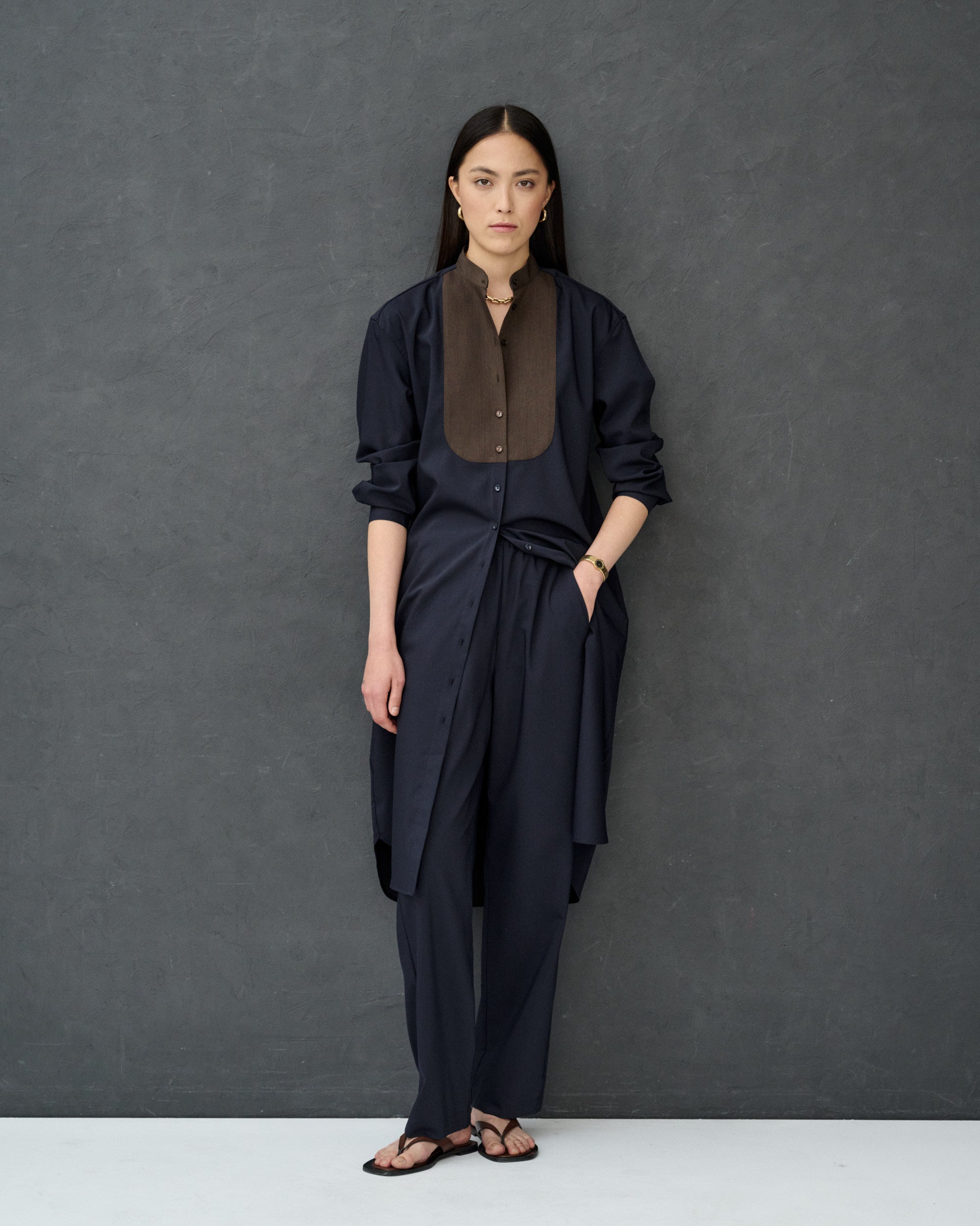 Chloe Navy Wool Blend Shirt Dress with Bib