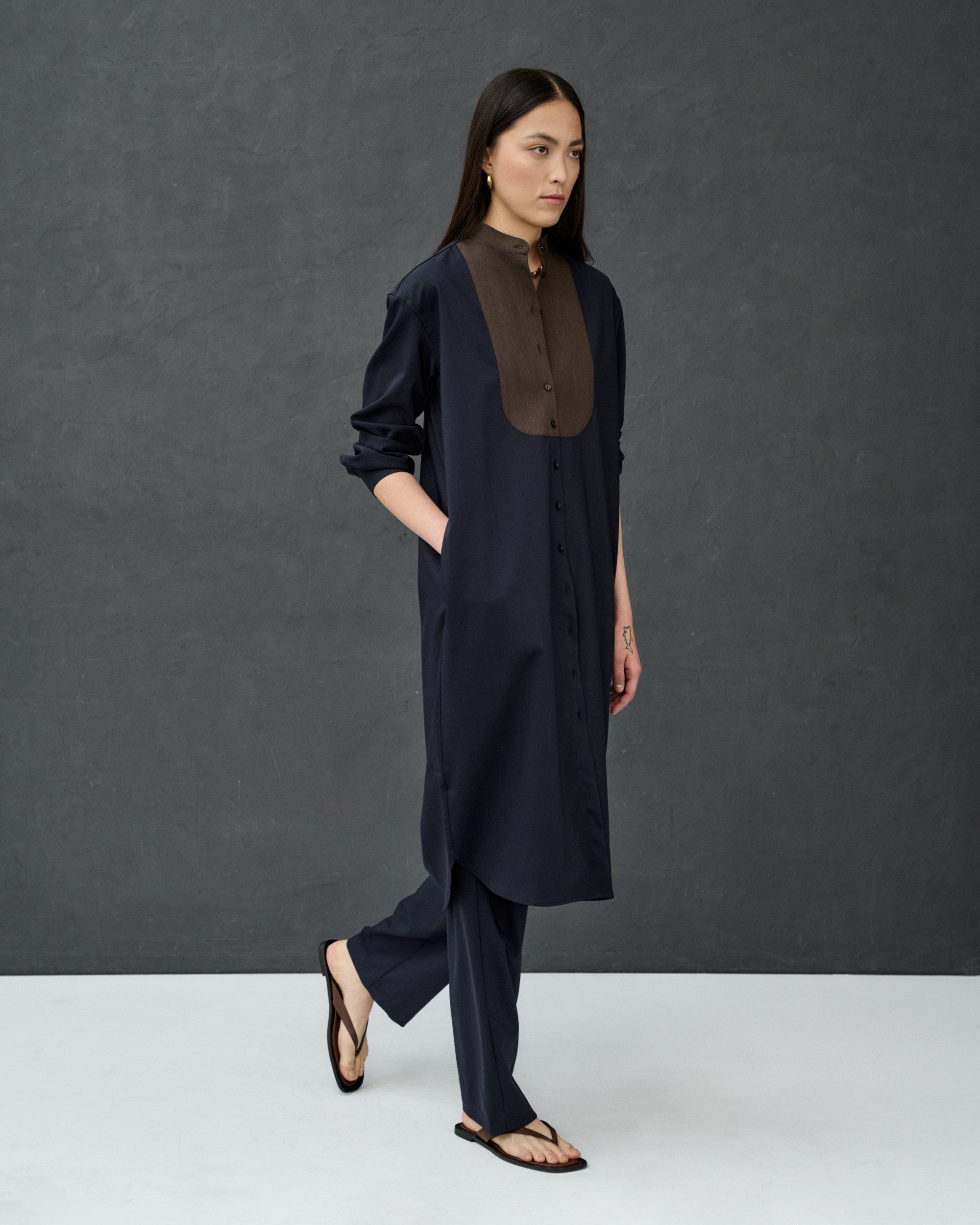 Chloe Navy Wool Blend Shirt Dress with Bib