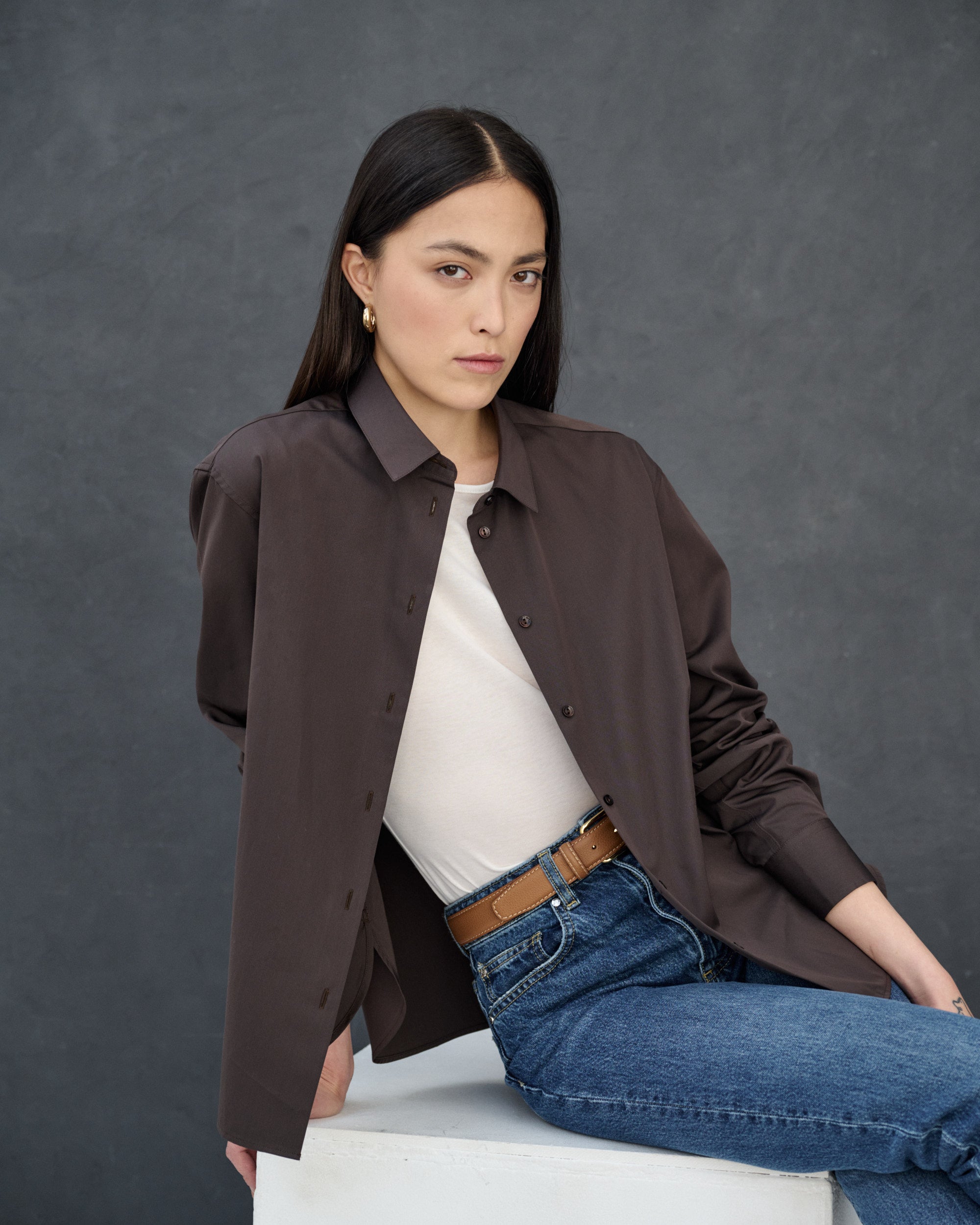 Esther Brown Cotton Poplin Shirt 