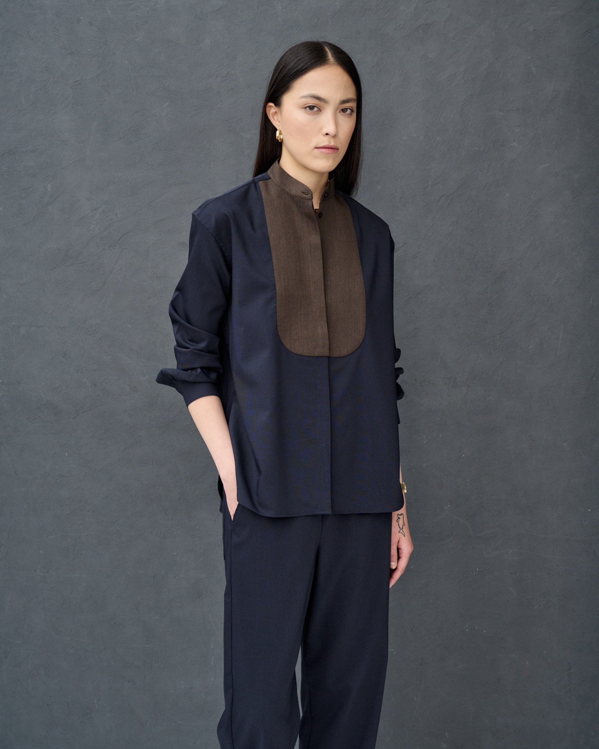Maria Navy Wool Blend Shirt with Bib