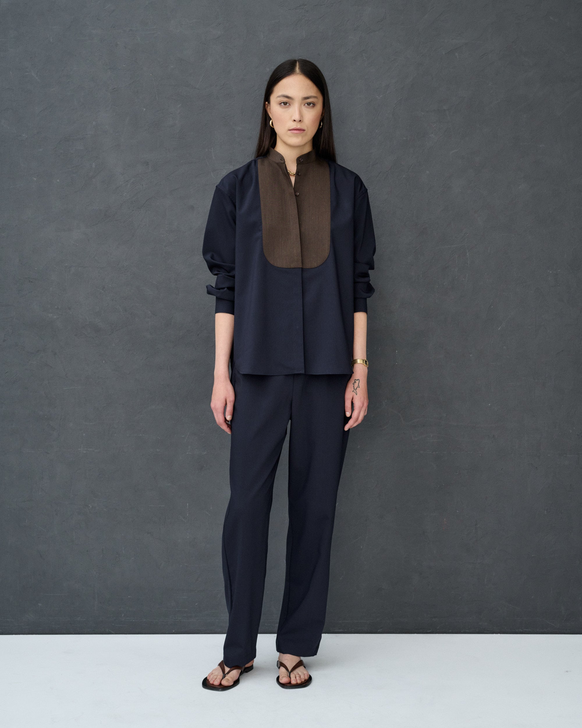 Maria Navy Wool Blend Shirt with Bib