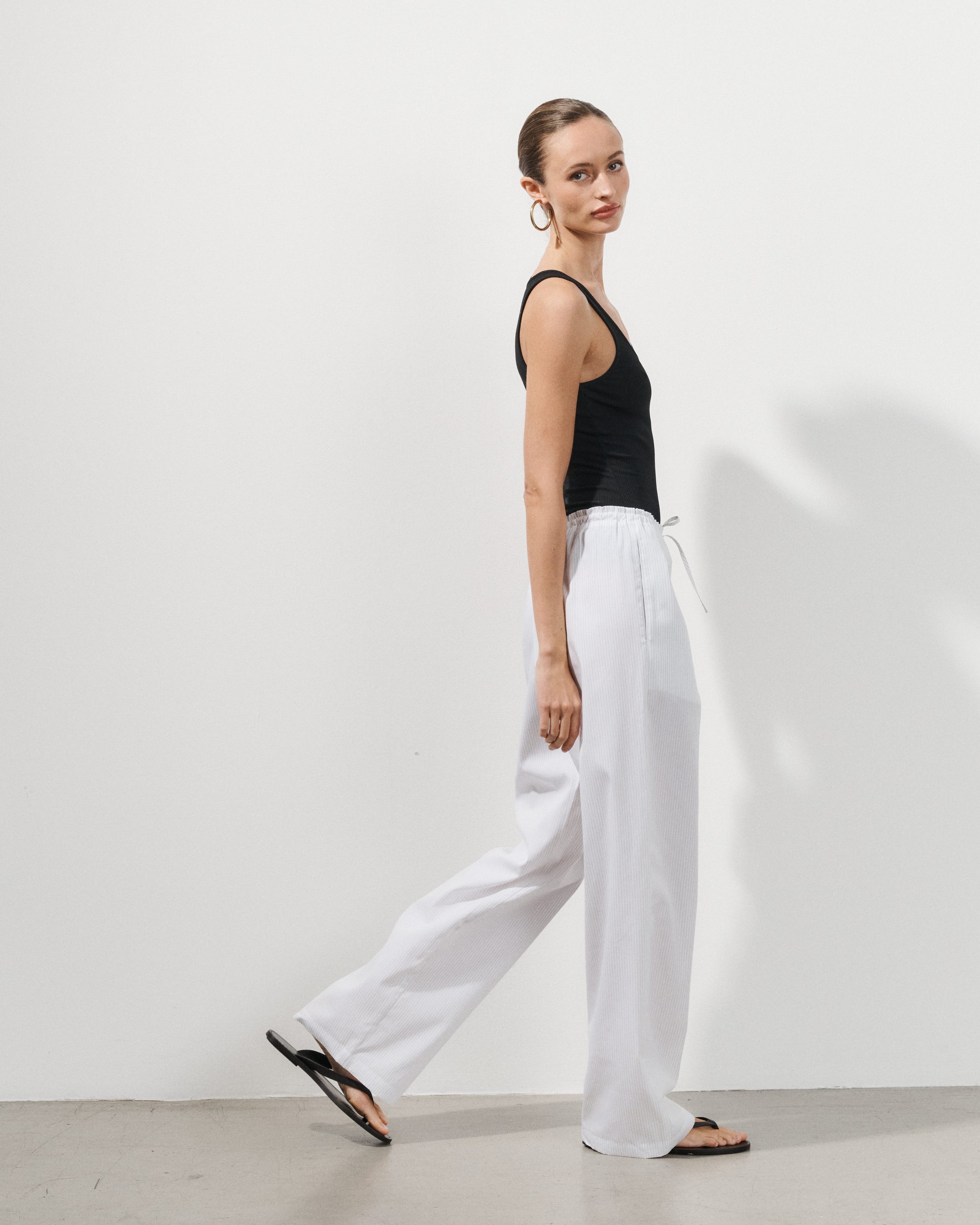 Lou Beige Fine Striped Cotton Poplin Pants