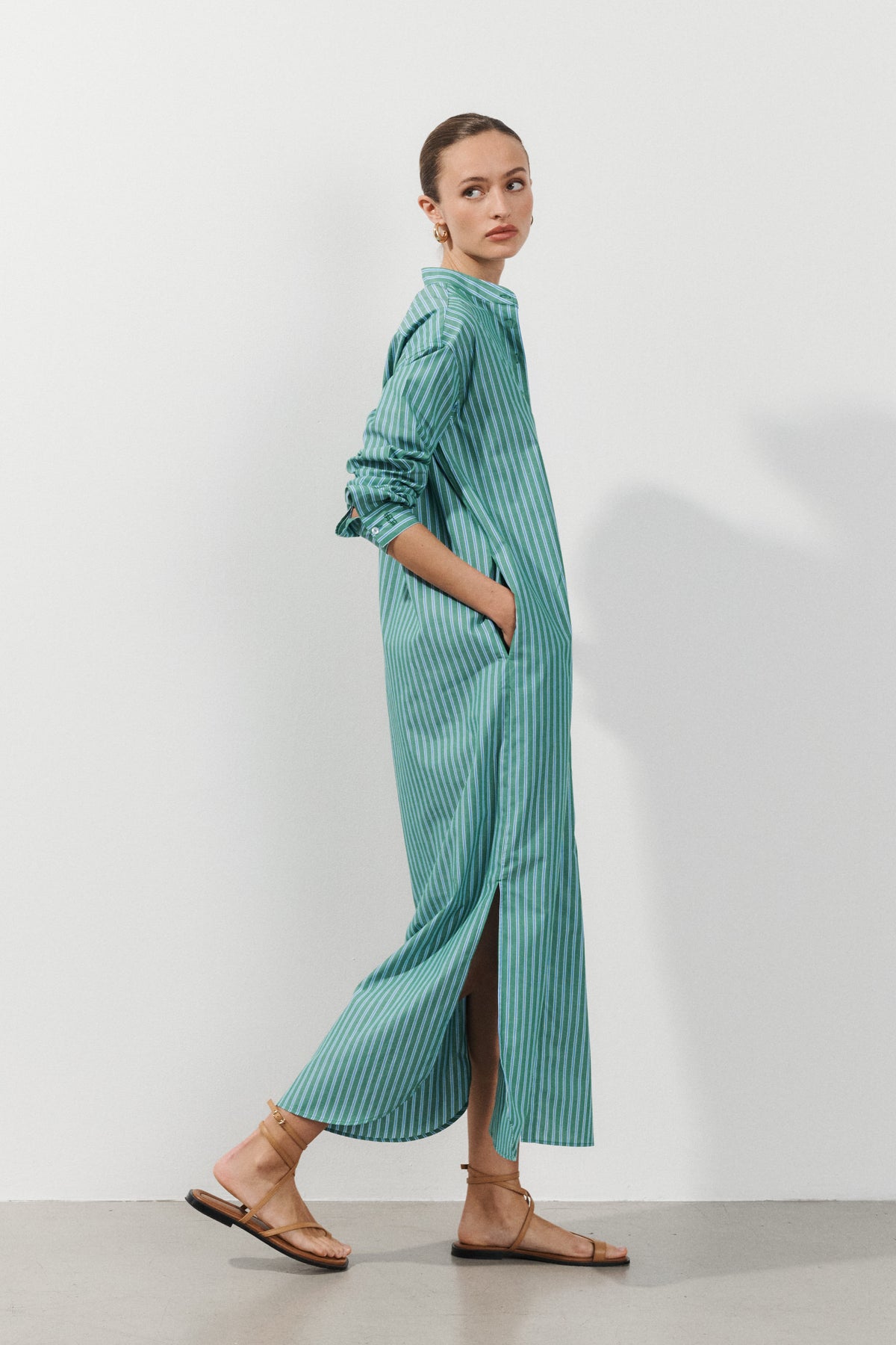 Godgale Robe Robe Gale - Popeline de coton à rayures bleues et vertes|SESSEI