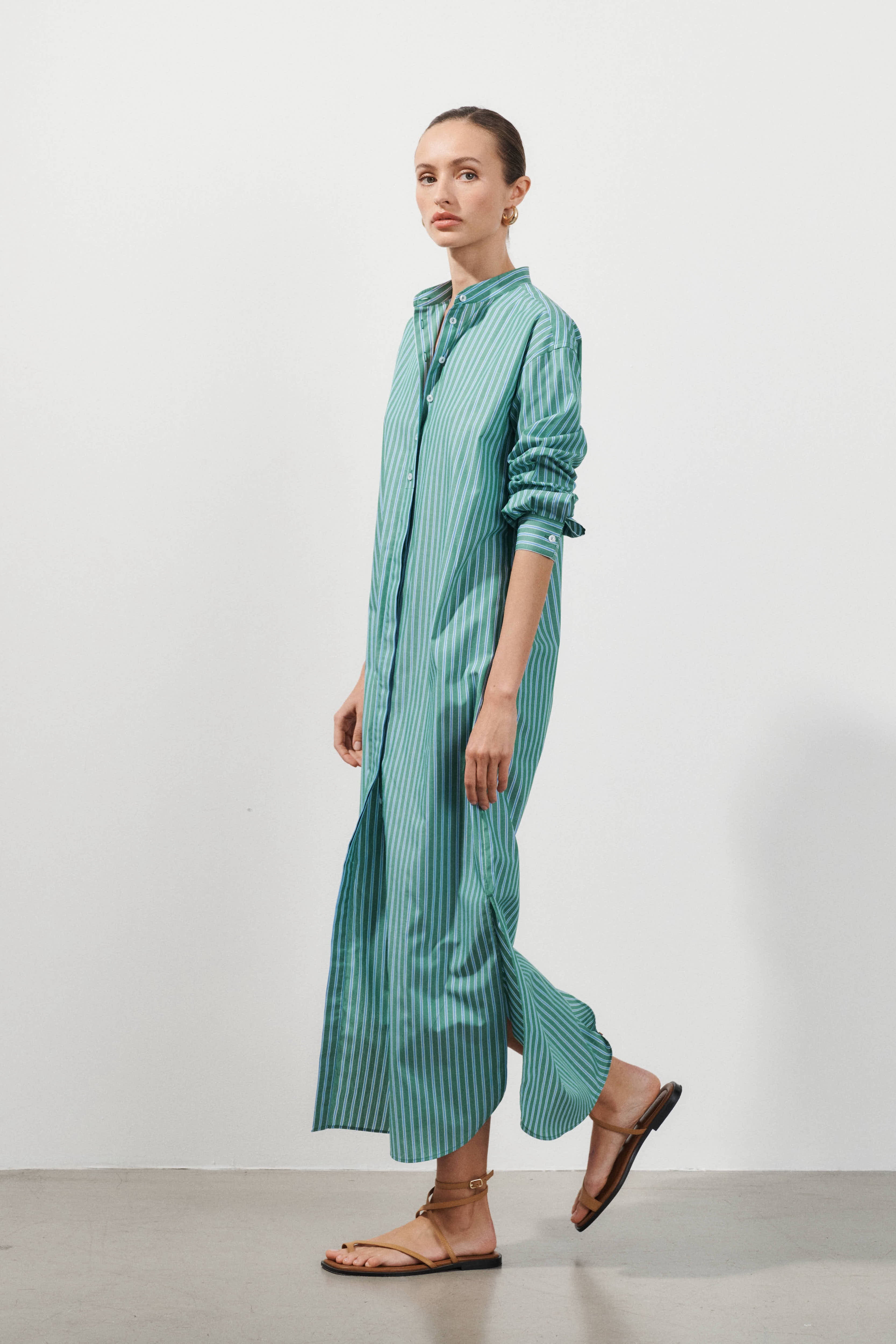 Godgale Robe Robe Gale - Popeline de coton à rayures bleues et vertes|SESSEI