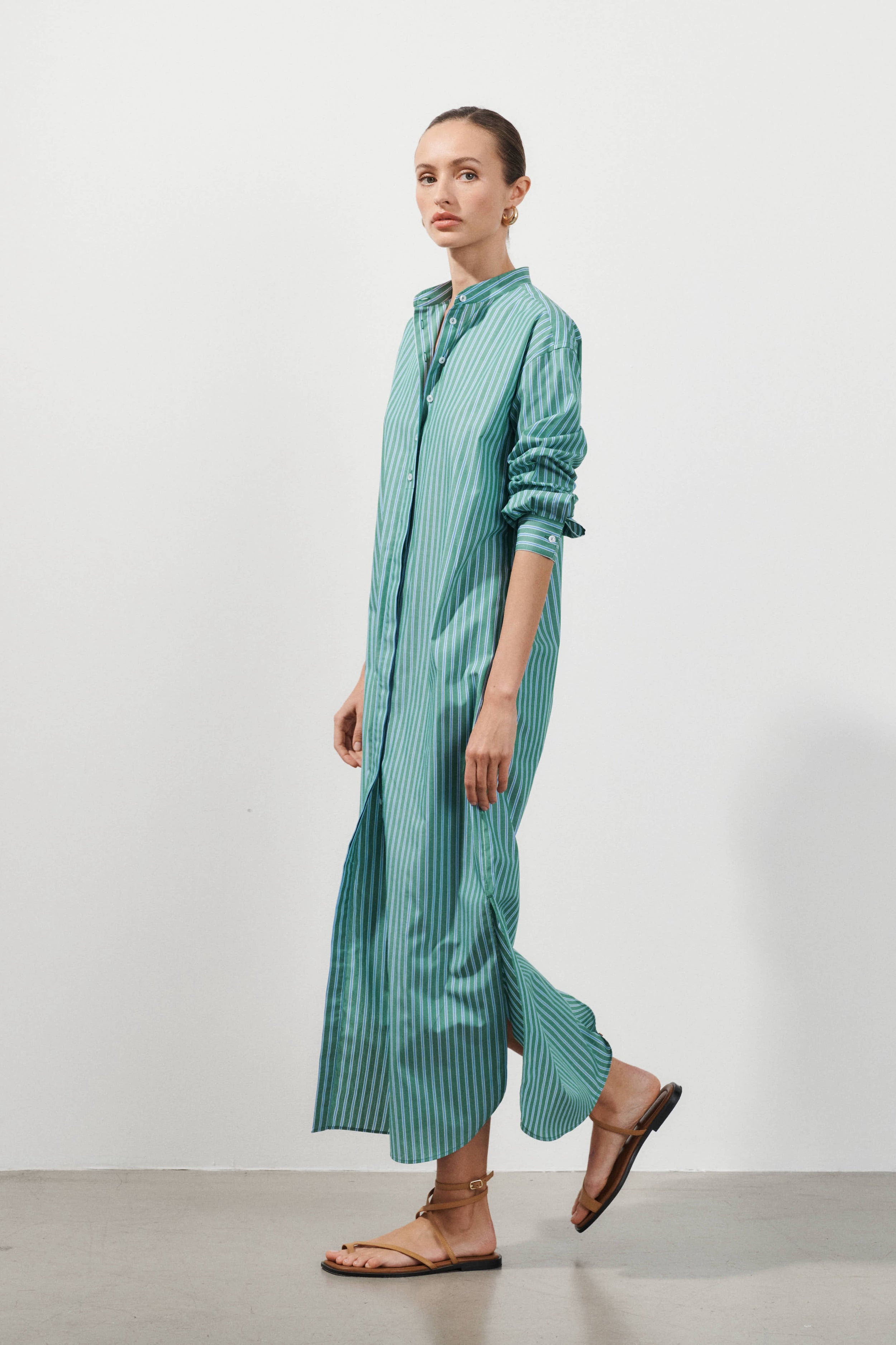 Gale Dress - Blue and Green Striped Cotton PoplinSESSEI Gale Dress - Blue and Green Striped Cotton PoplinSESSEI