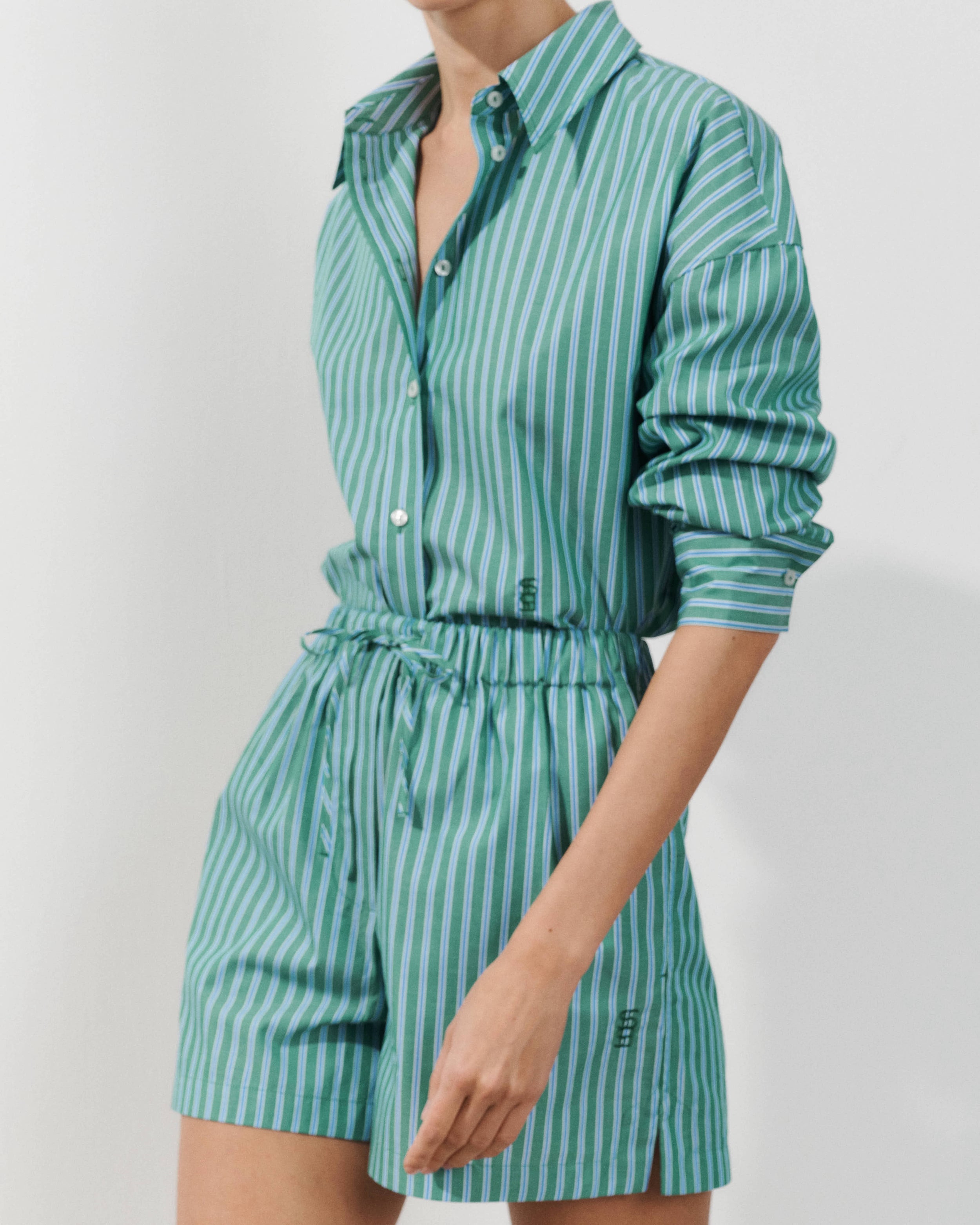 Alex Blue and Green Striped Cotton Poplin Shorts