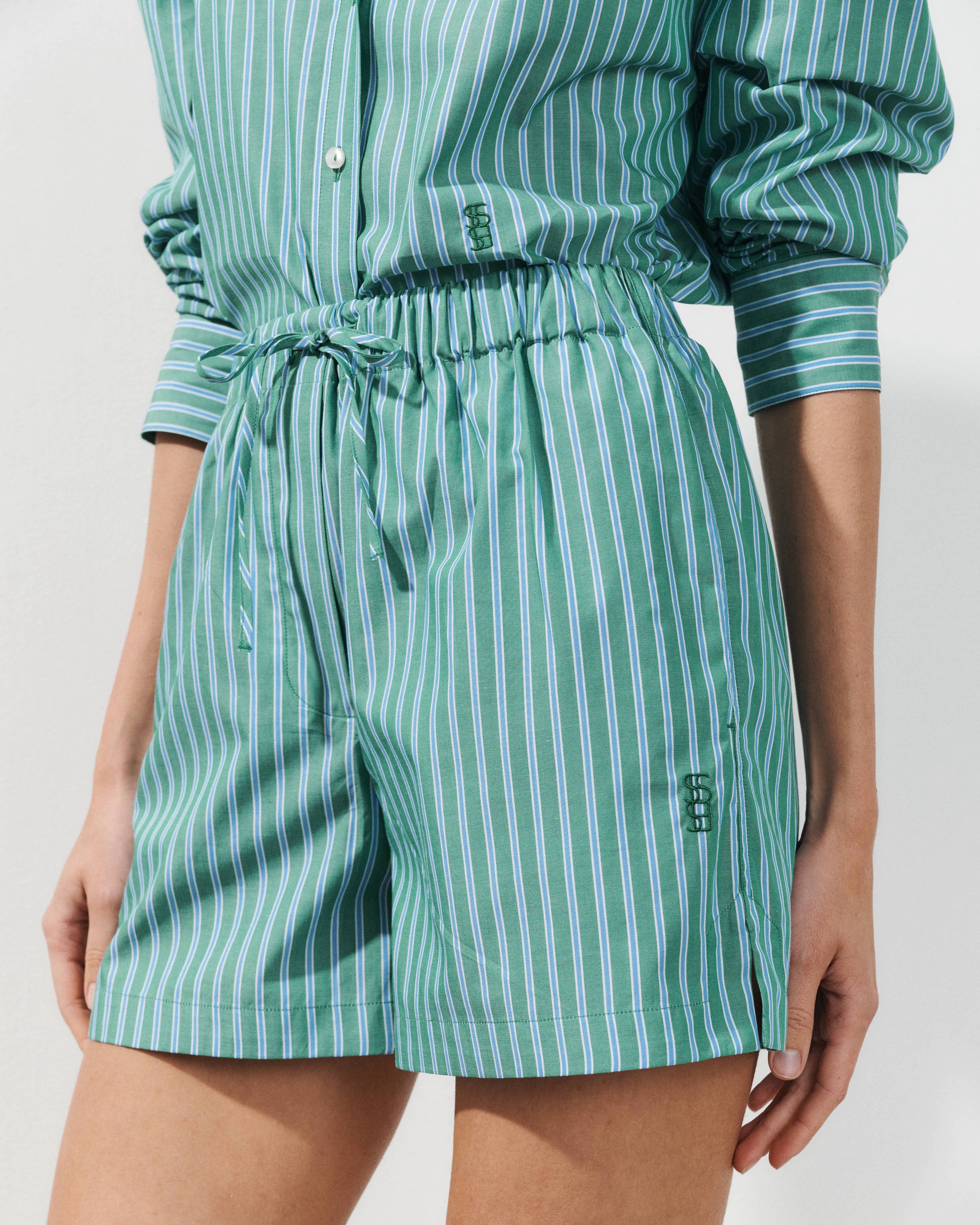 Alex Blue and Green Striped Cotton Poplin Shorts