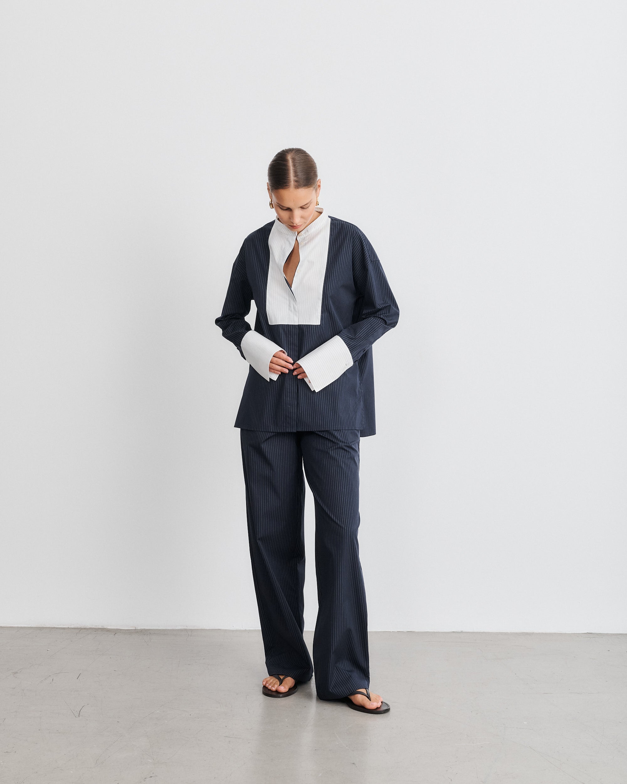 Lou Navy Cotton Poplin Pants with White Stripes