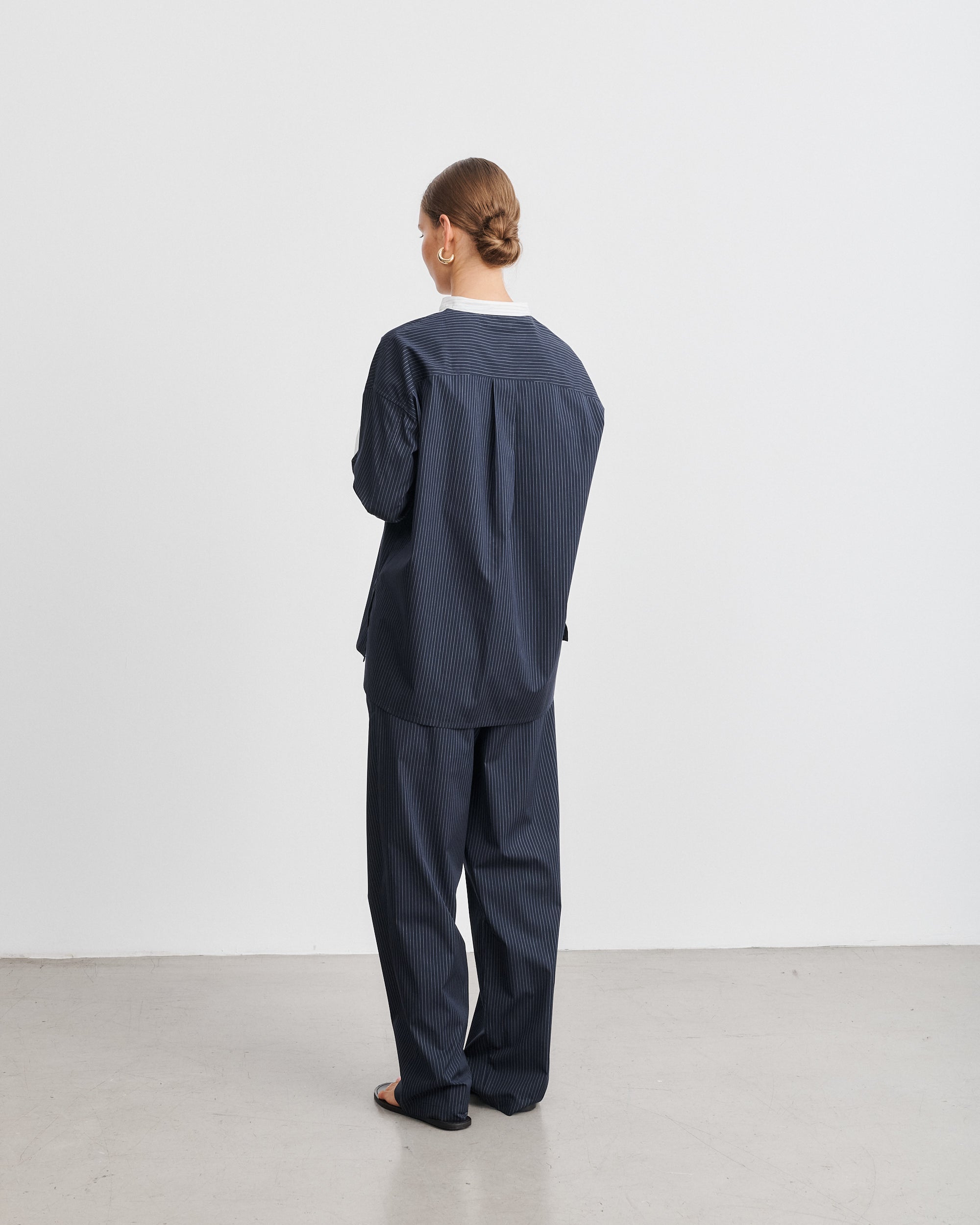 Lou Navy Cotton Poplin Pants with White Stripes