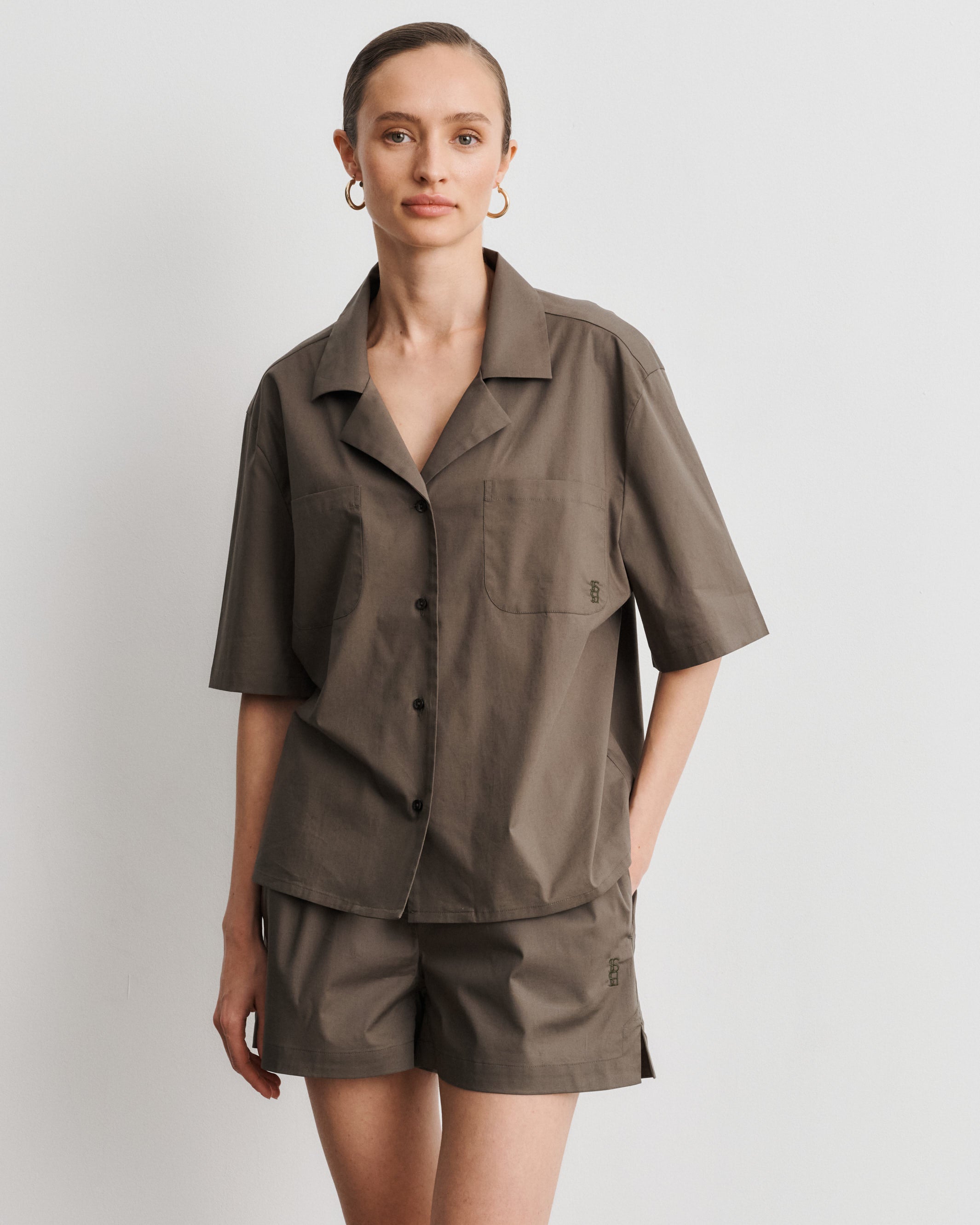 Chiara Taupe Cotton Poplin Short-Sleeved Shirt