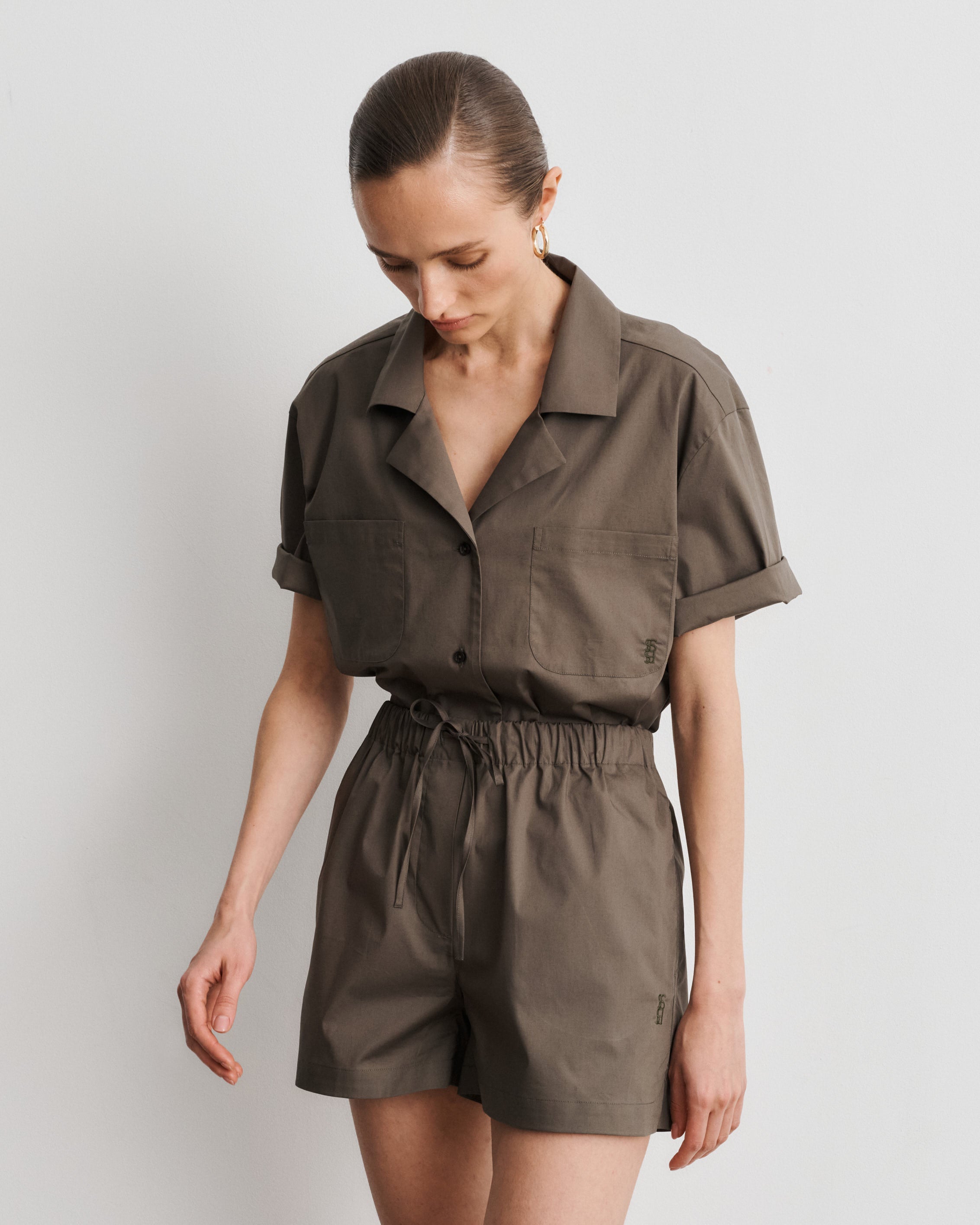 Chiara Taupe Cotton Poplin Short-Sleeved Shirt