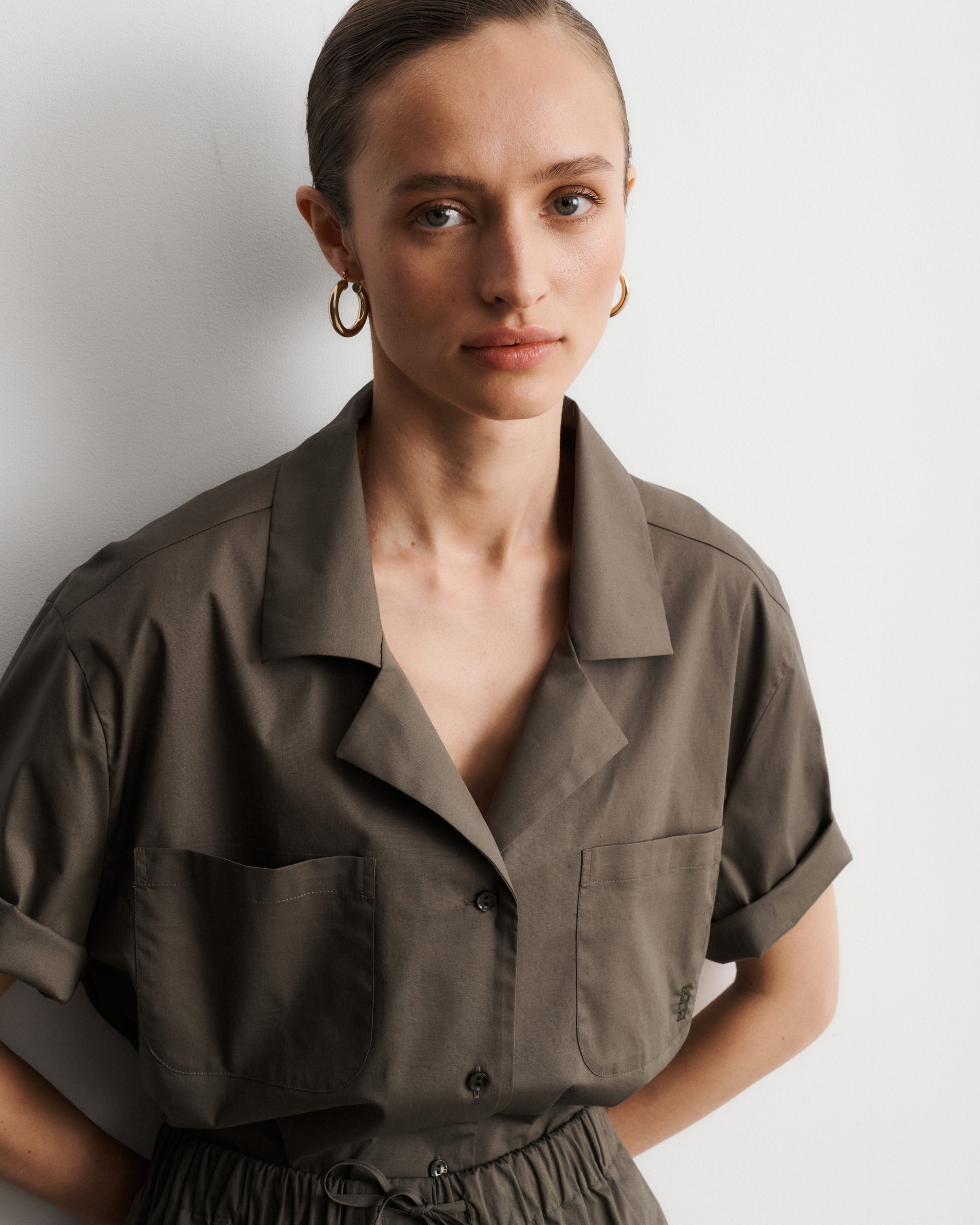 Chiara Taupe Cotton Poplin Short-Sleeved Shirt