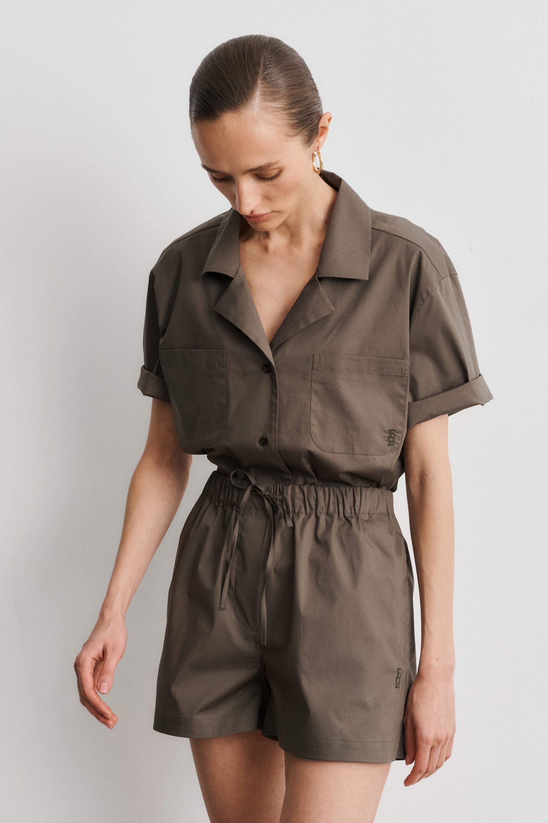 Chiara Taupe Cotton Poplin Short-Sleeved Shirt