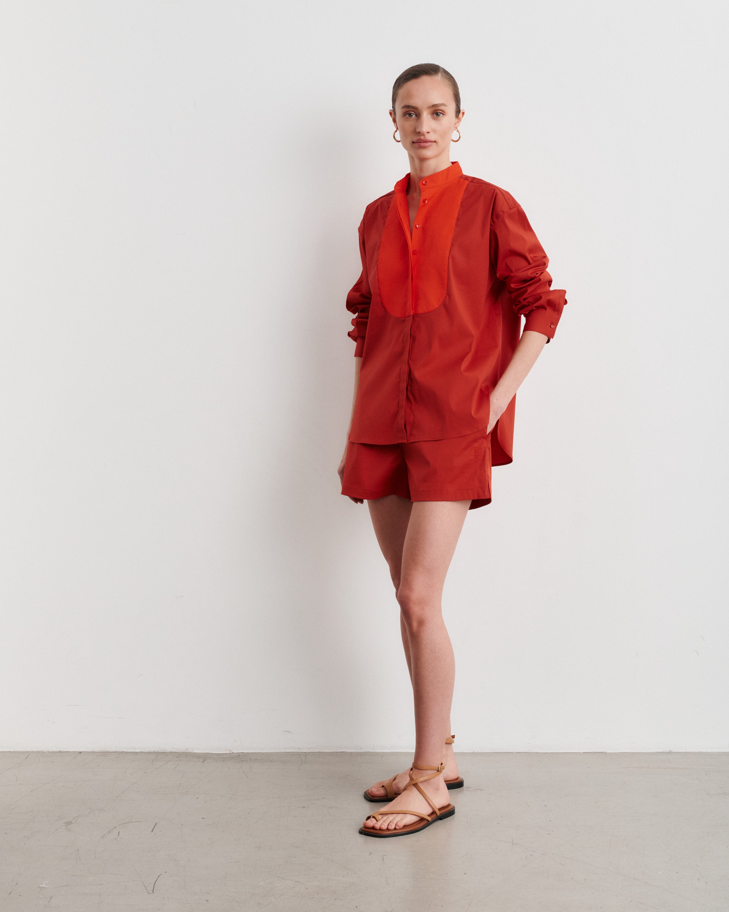 Maria Terracotta Cotton Poplin Shirt with Bib