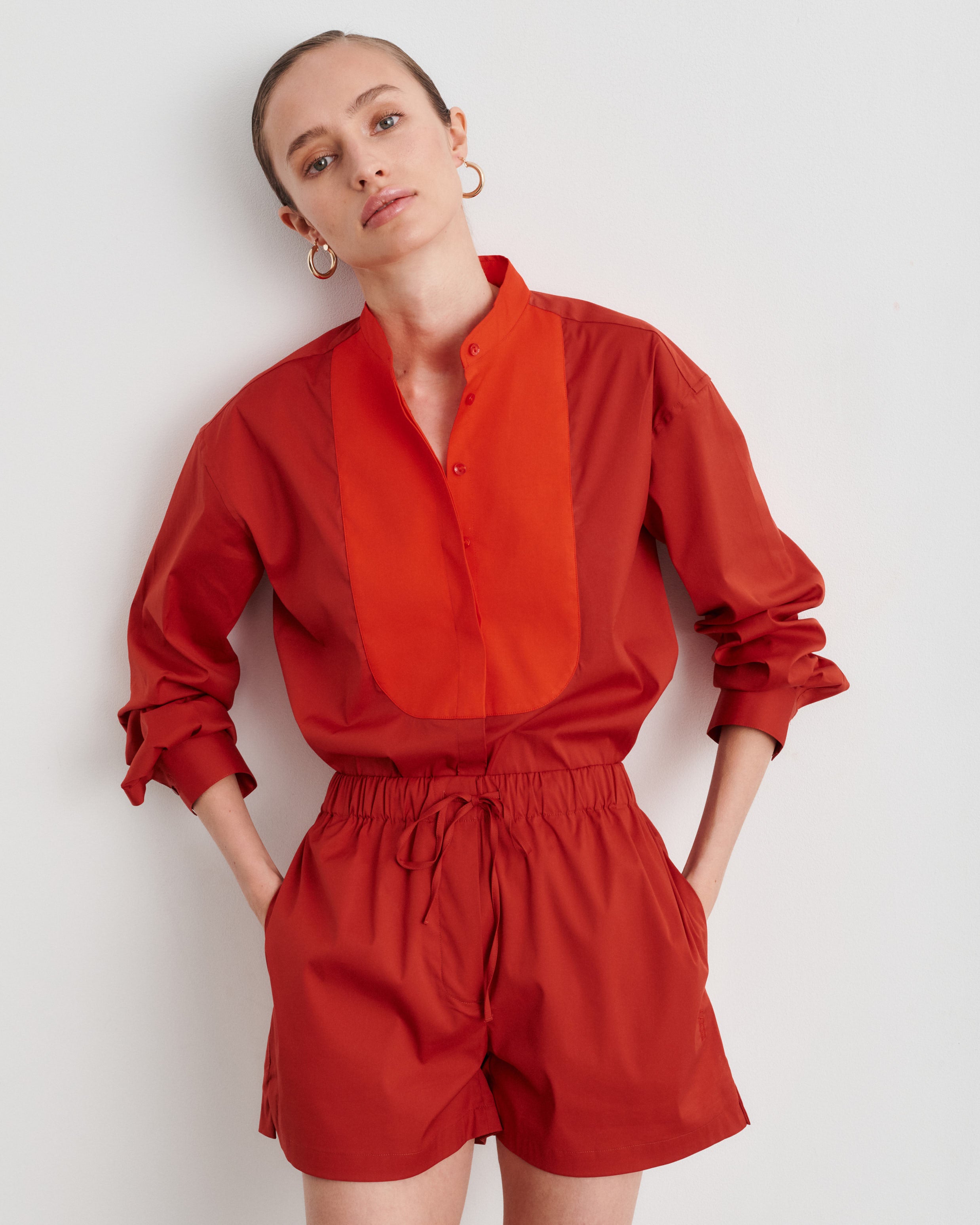 Maria Terracotta Cotton Poplin Shirt with Bib