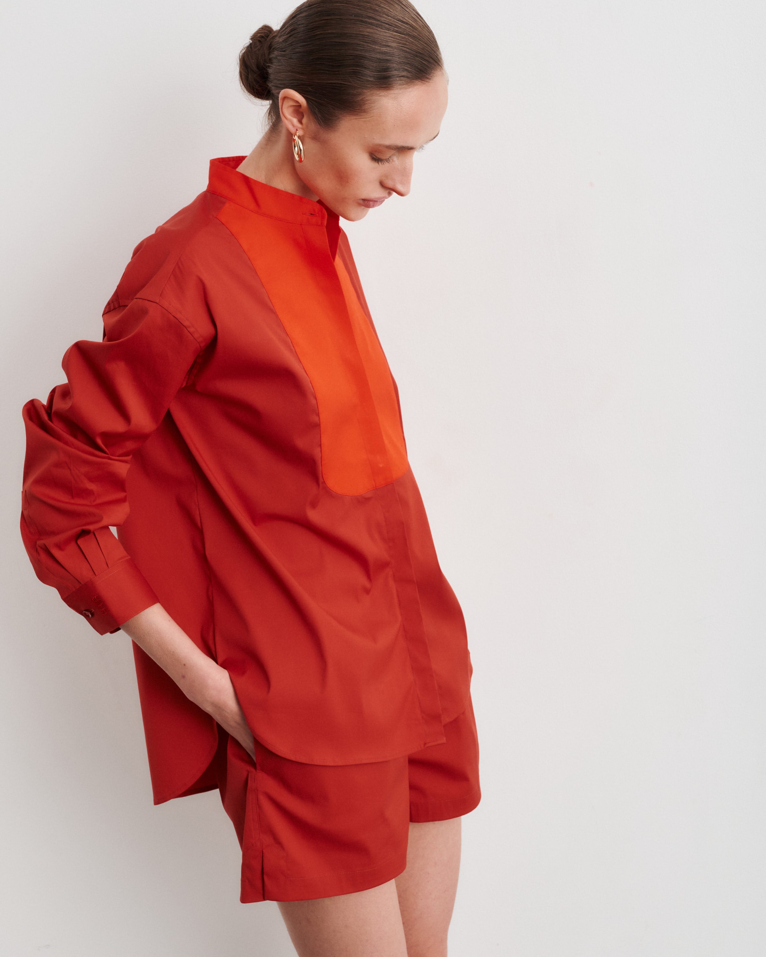 Maria Terracotta Cotton Poplin Shirt with Bib