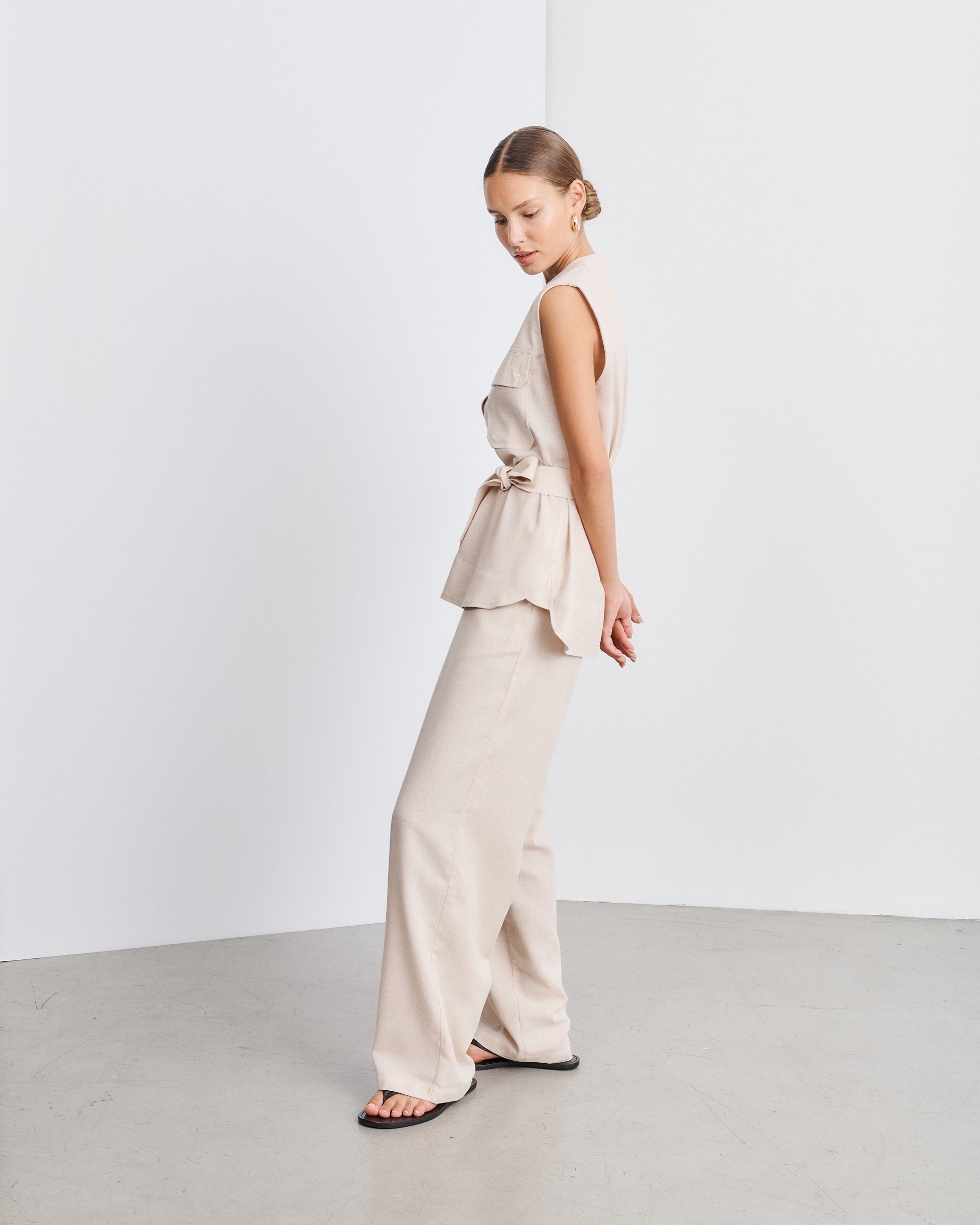 Lenny Beige Belted Sleeveless Shirt