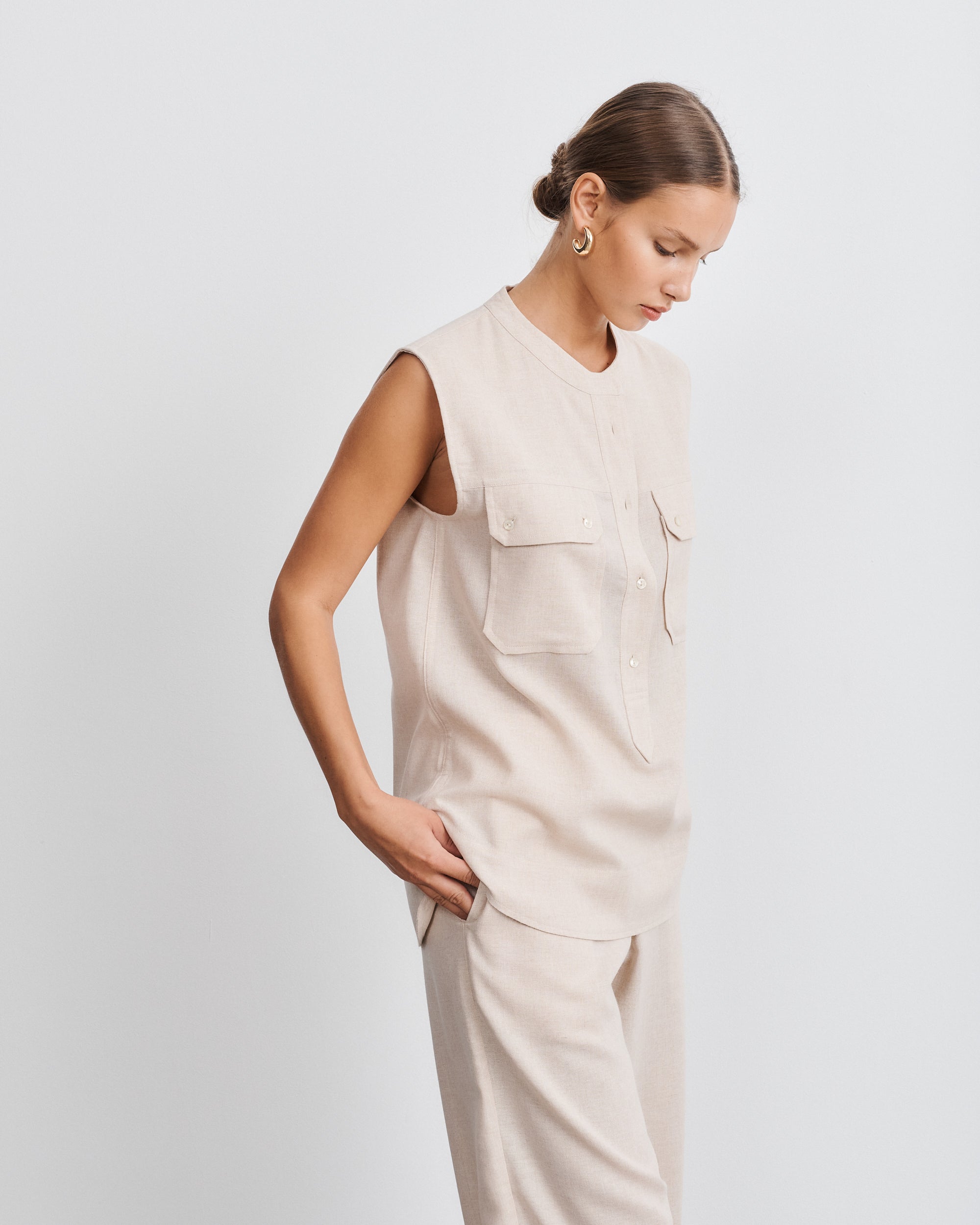 Lenny Beige Belted Sleeveless Shirt