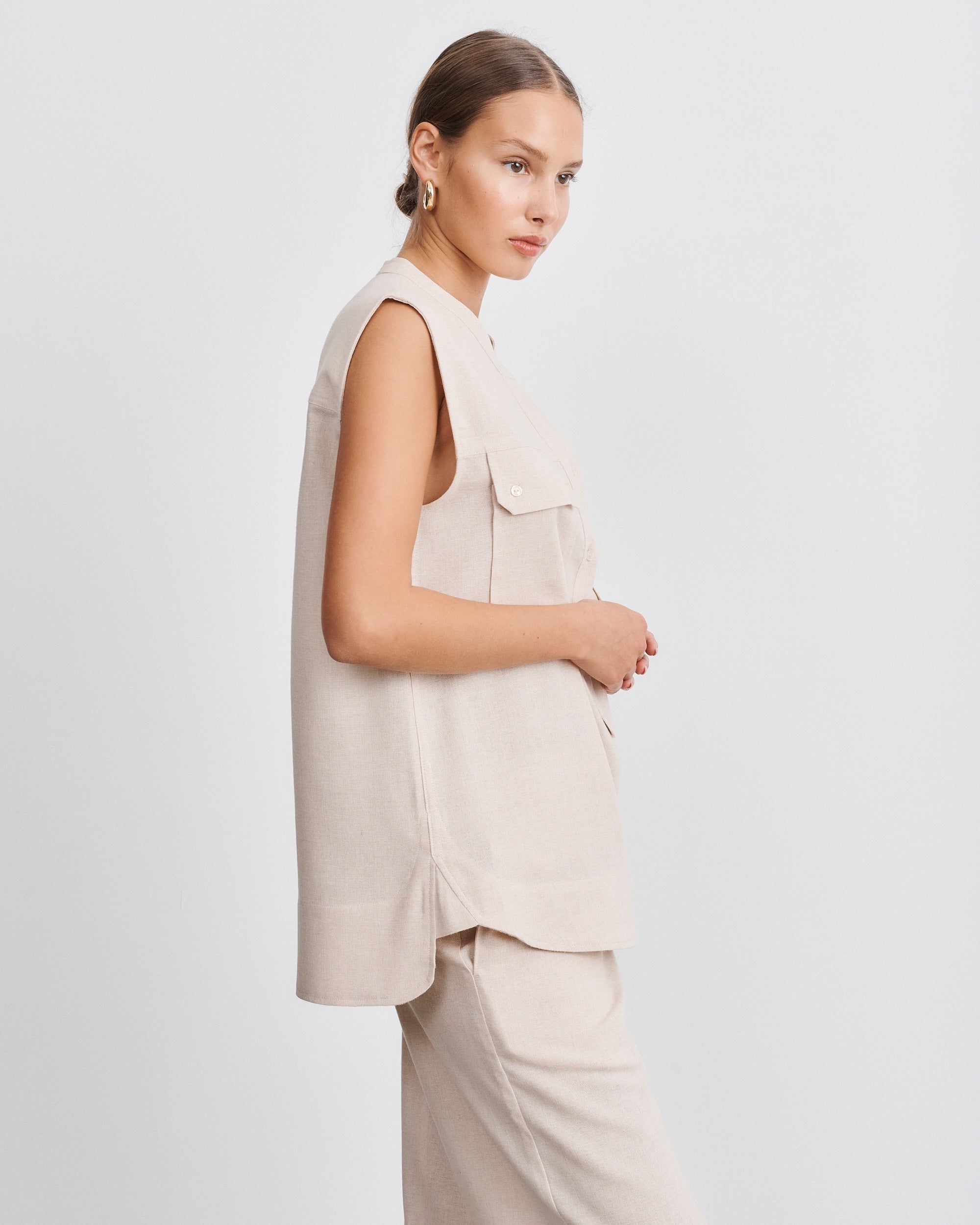 Lenny Beige Belted Sleeveless Shirt