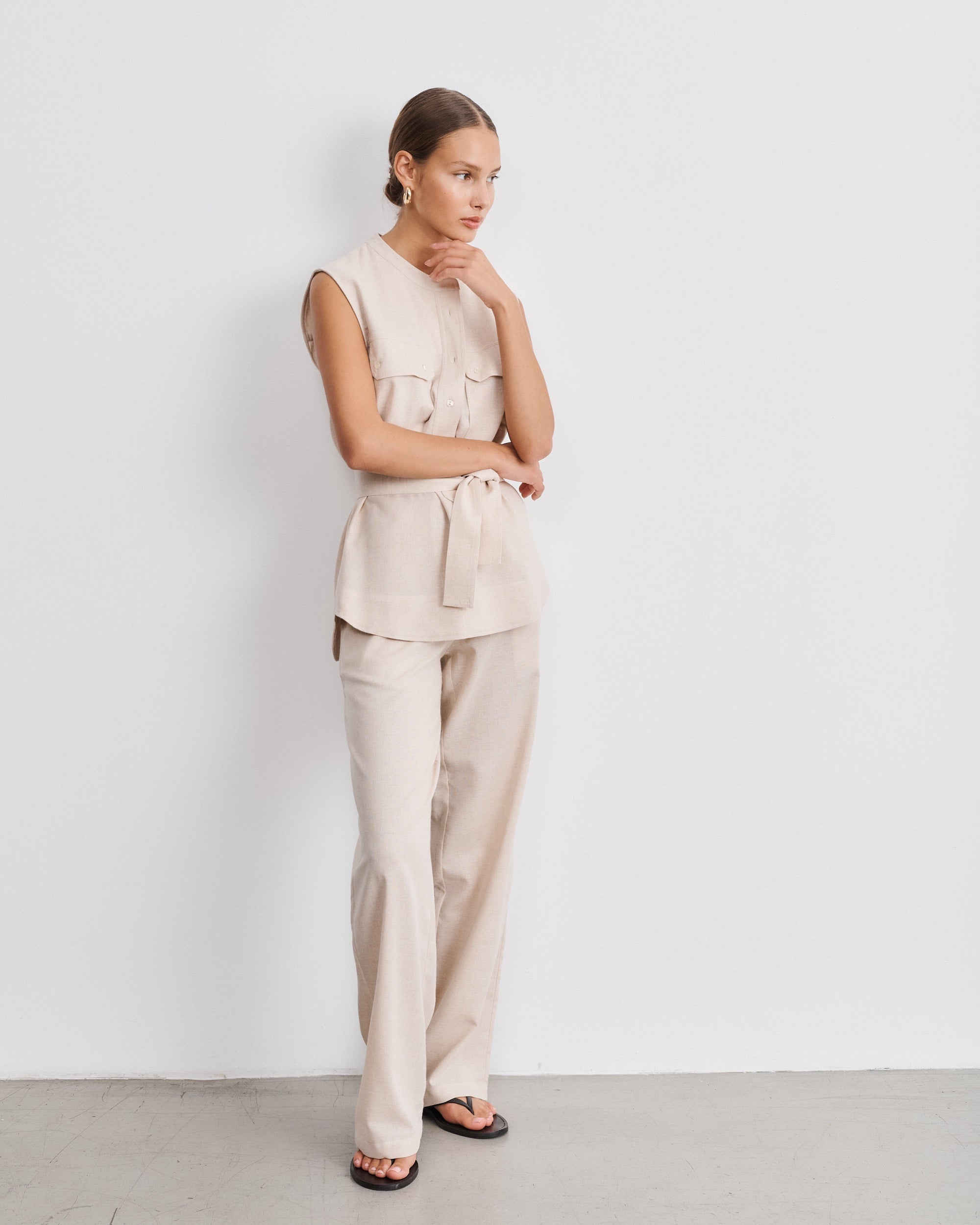 Lou Beige Wool Gauze Pants