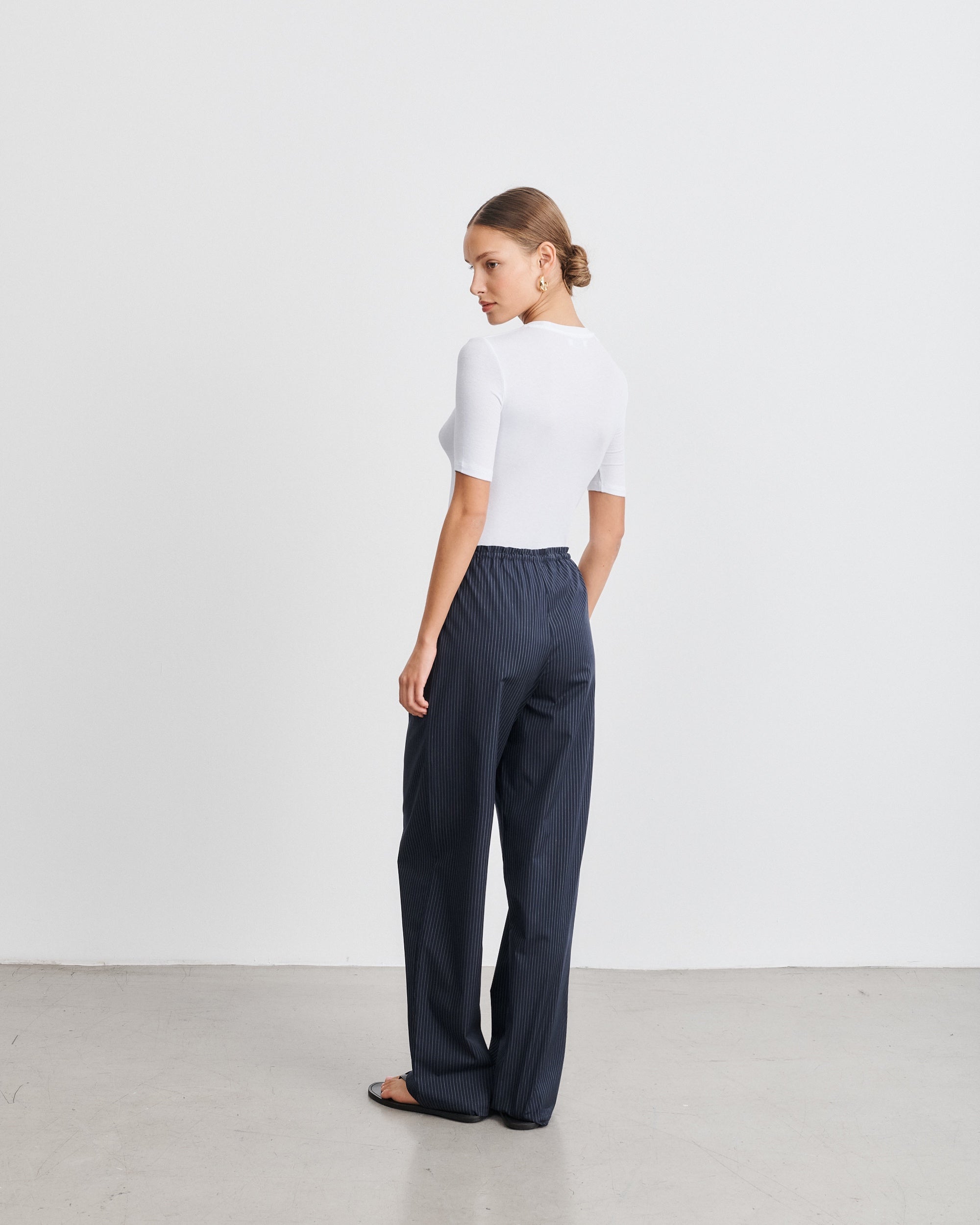 Lou Navy Cotton Poplin Pants with White Stripes