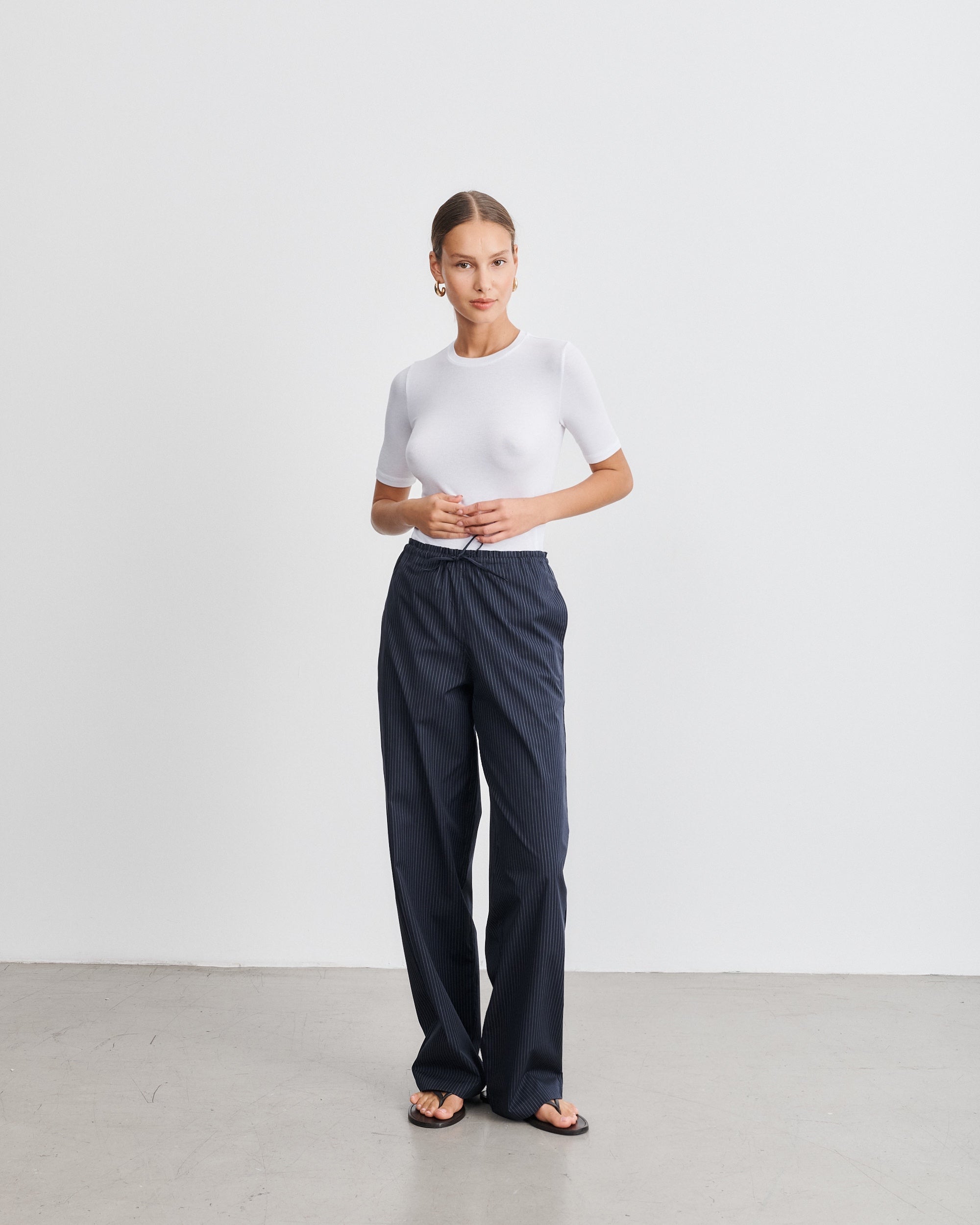 Lou Navy Cotton Poplin Pants with White Stripes