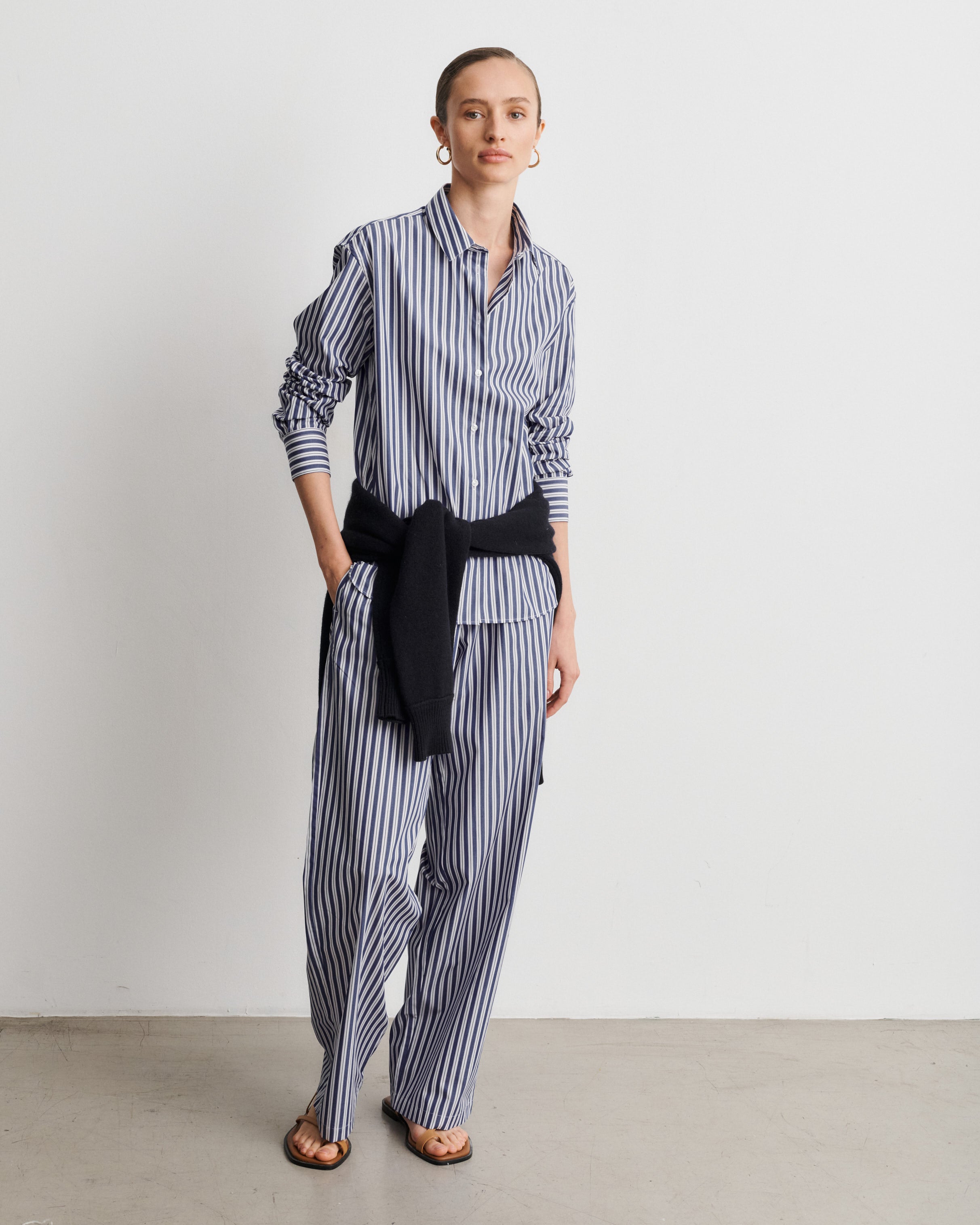 Lou Deep Blue Striped Cotton Poplin Pants