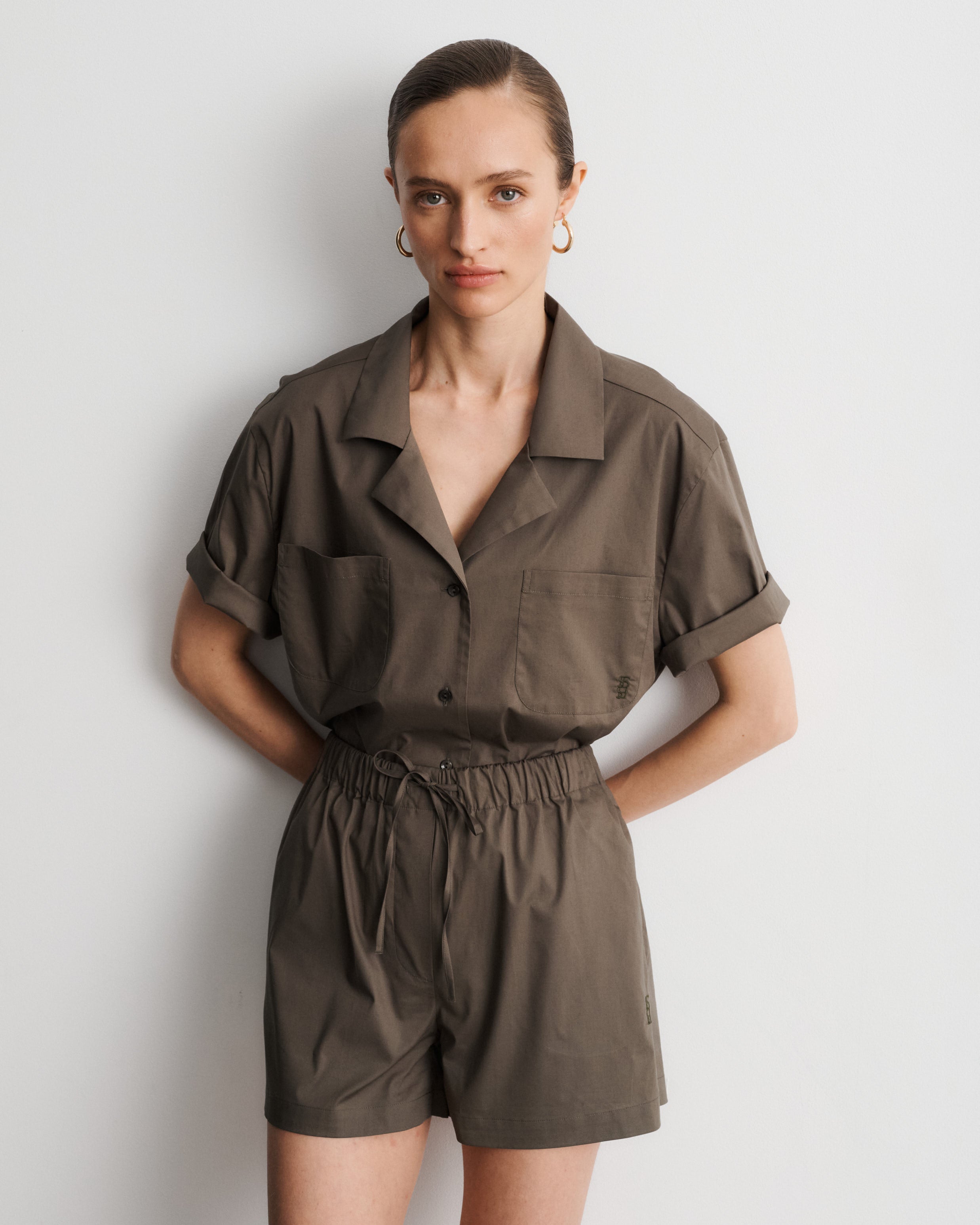 Chiara Taupe Cotton Poplin Short-Sleeved Shirt