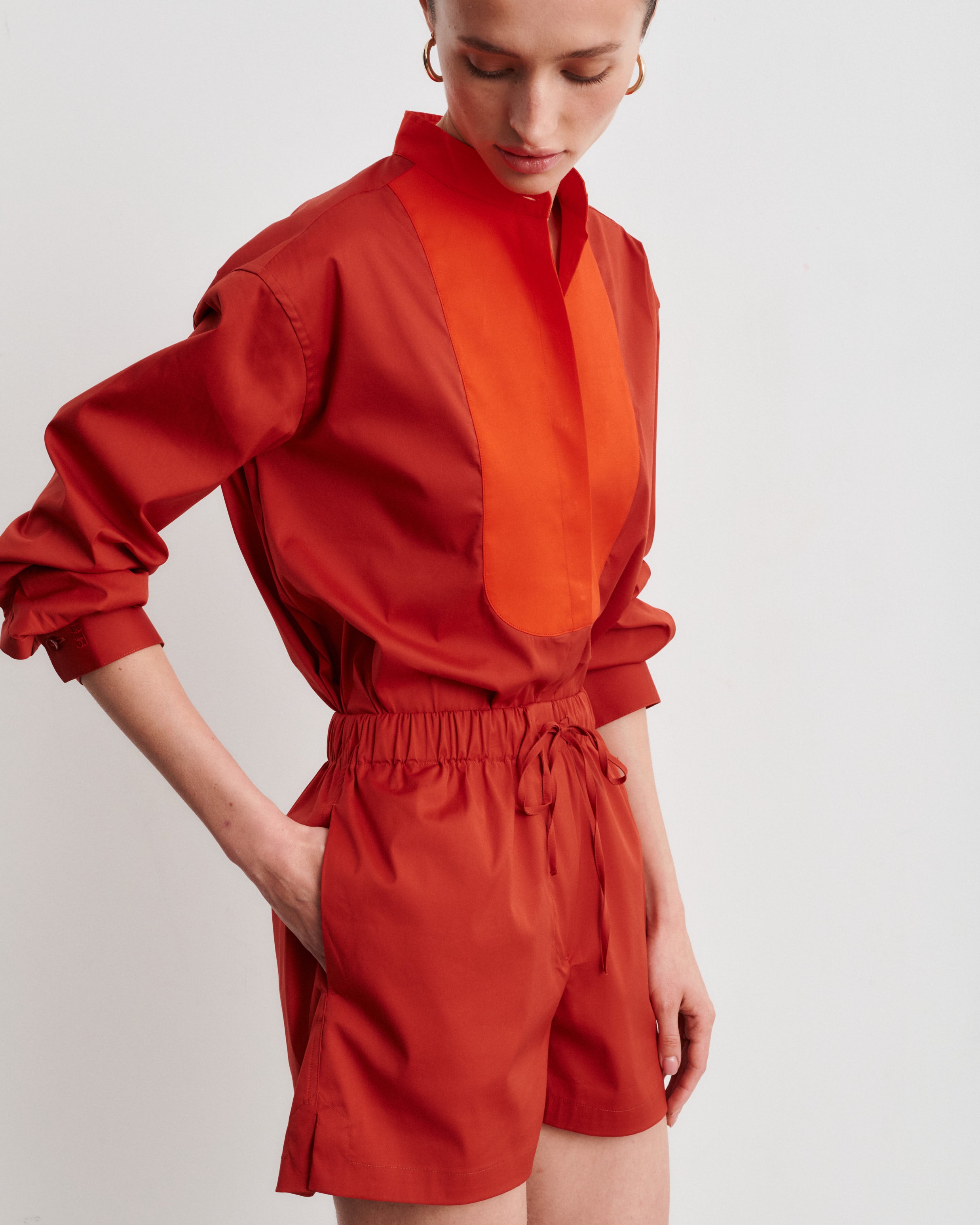 Maria Terracotta Cotton Poplin Shirt with Bib