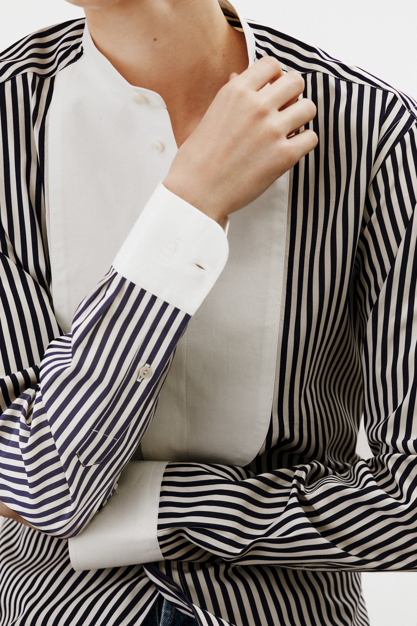 Gabi Navy Striped Shirt with Contrast Bib