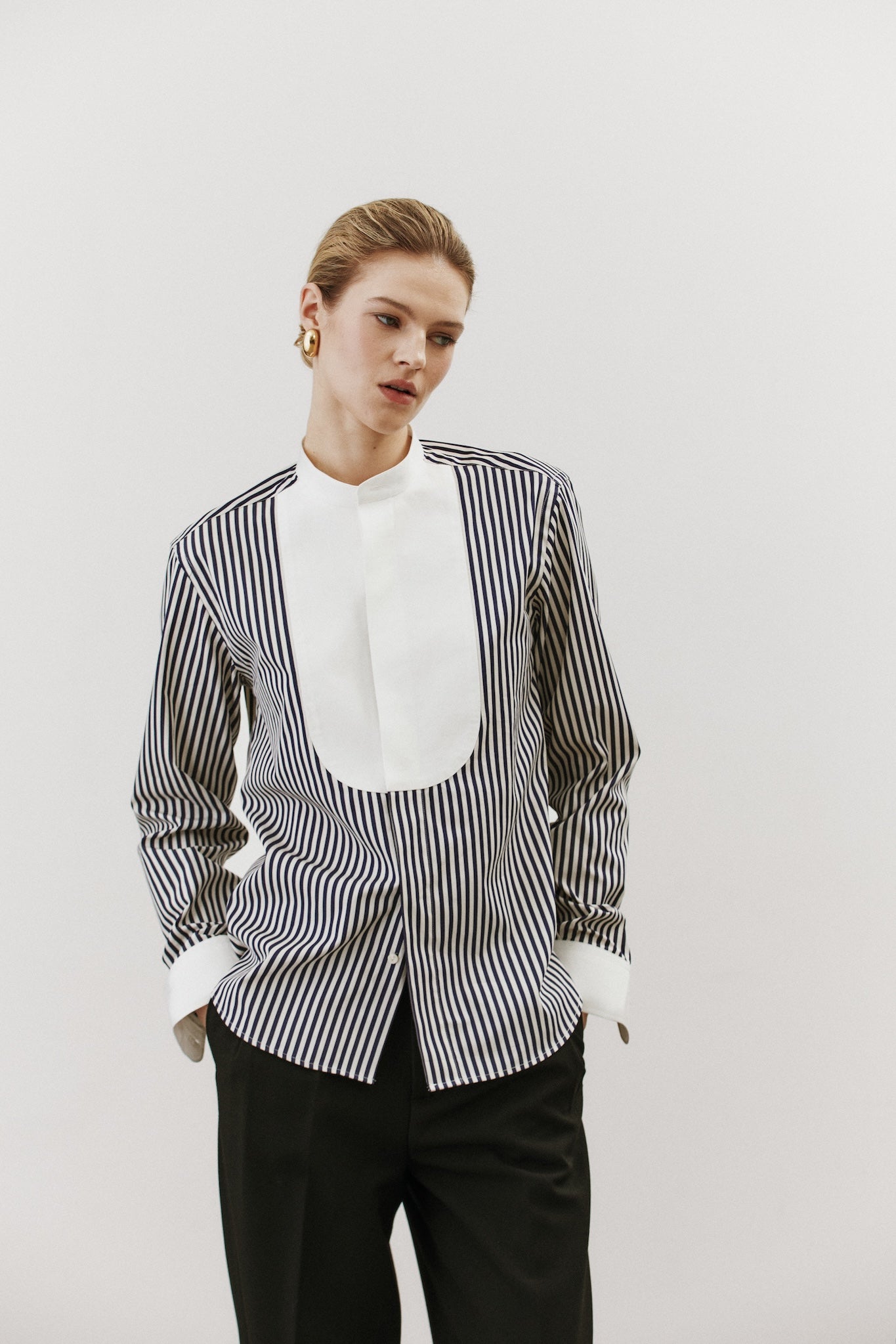 Gabi Navy Striped Shirt with Contrast Bib