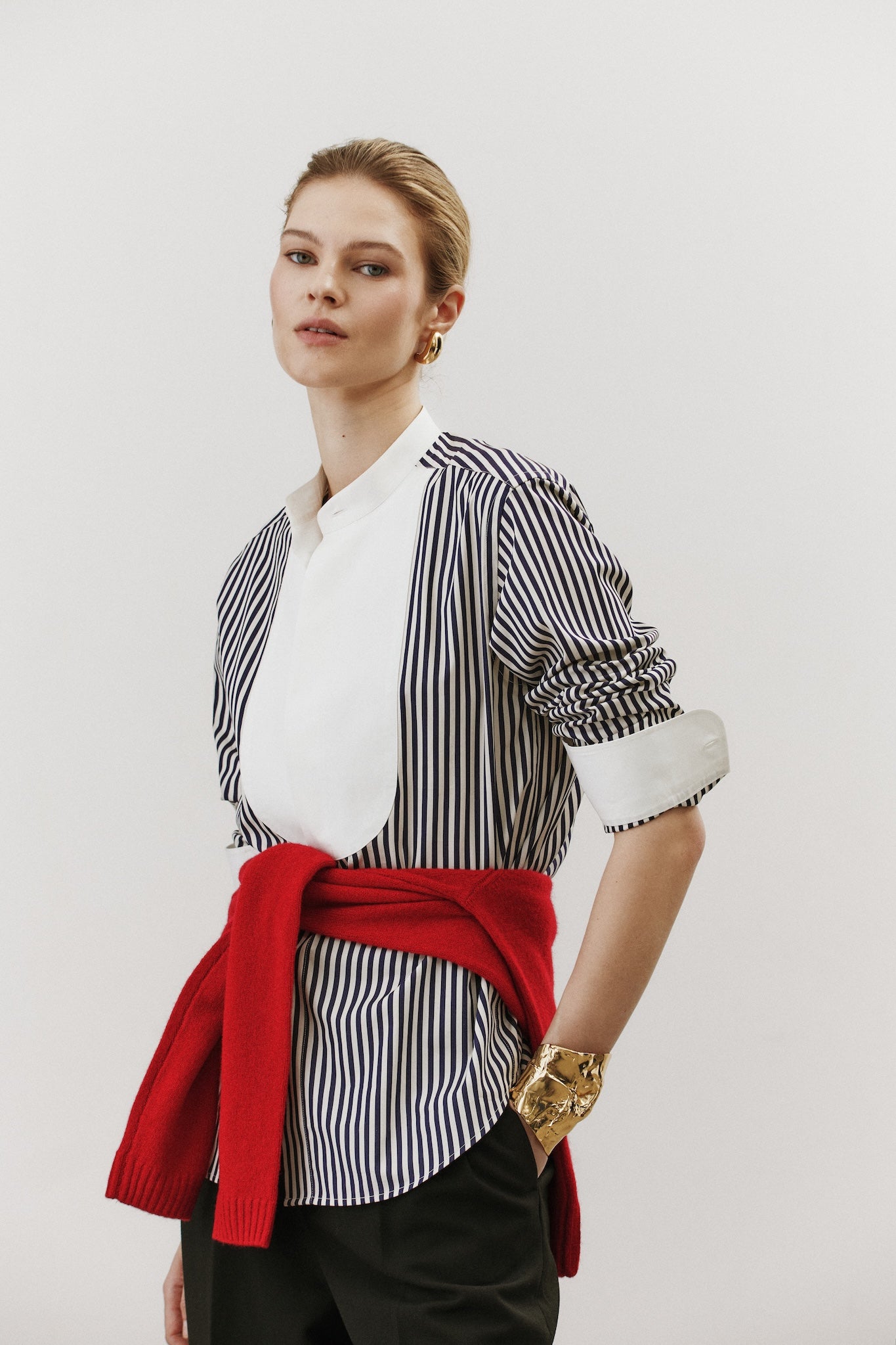 Gabi Navy Striped Shirt with Contrast Bib