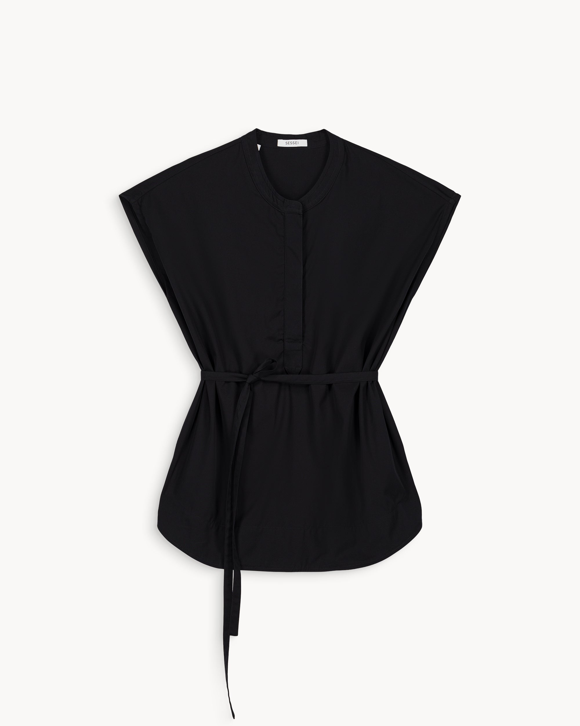 Allegra Black Cotton Poplin Sleeveless Belted Shirt